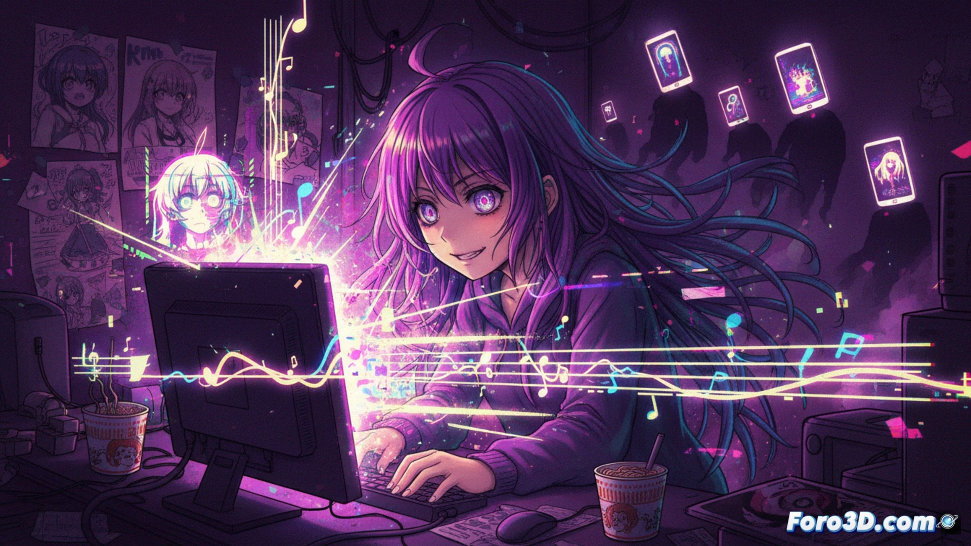 Qtie, una joven aislada, toca su teclado mientras pantallas muestran mensajes perturbadores y ritmos denpa.