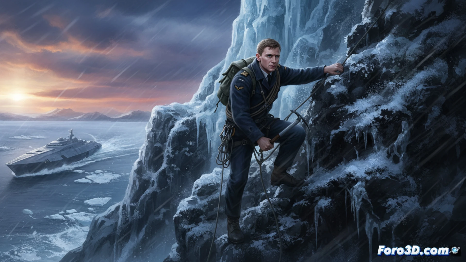 Un joven Bond en traje naval escala un acantilado helado en Islandia, con sigilo y explosiones al fondo.