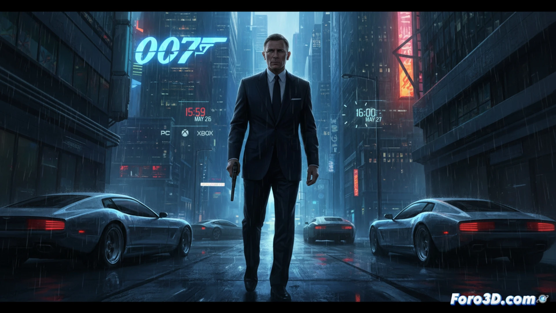 photorealistic cinematic render of a modern spy gadget workshop, a sleek black stealth pistol being assembled with holographic targeting interface floating above it, carbon fiber casing and optical scope components glowing with blue LED lights, digital countdown timer on a transparent screen showing 24h early access, workbench with precision tools and micro-soldering equipment, dramatic blue and amber lighting casting shadows on metallic surfaces, smoke trails from a cooling device, ultra-detailed mechanical engineering visualization