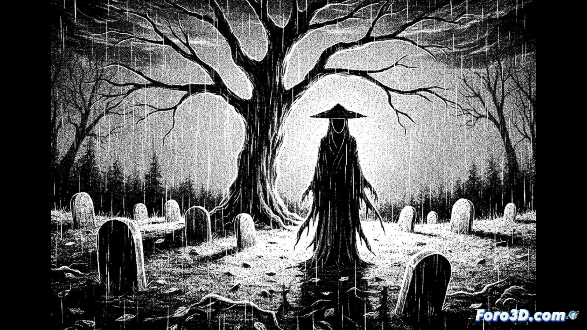 Captura de juego en blanco y negro con dithering, sombras angustiantes y textura de tinta en tiempo real