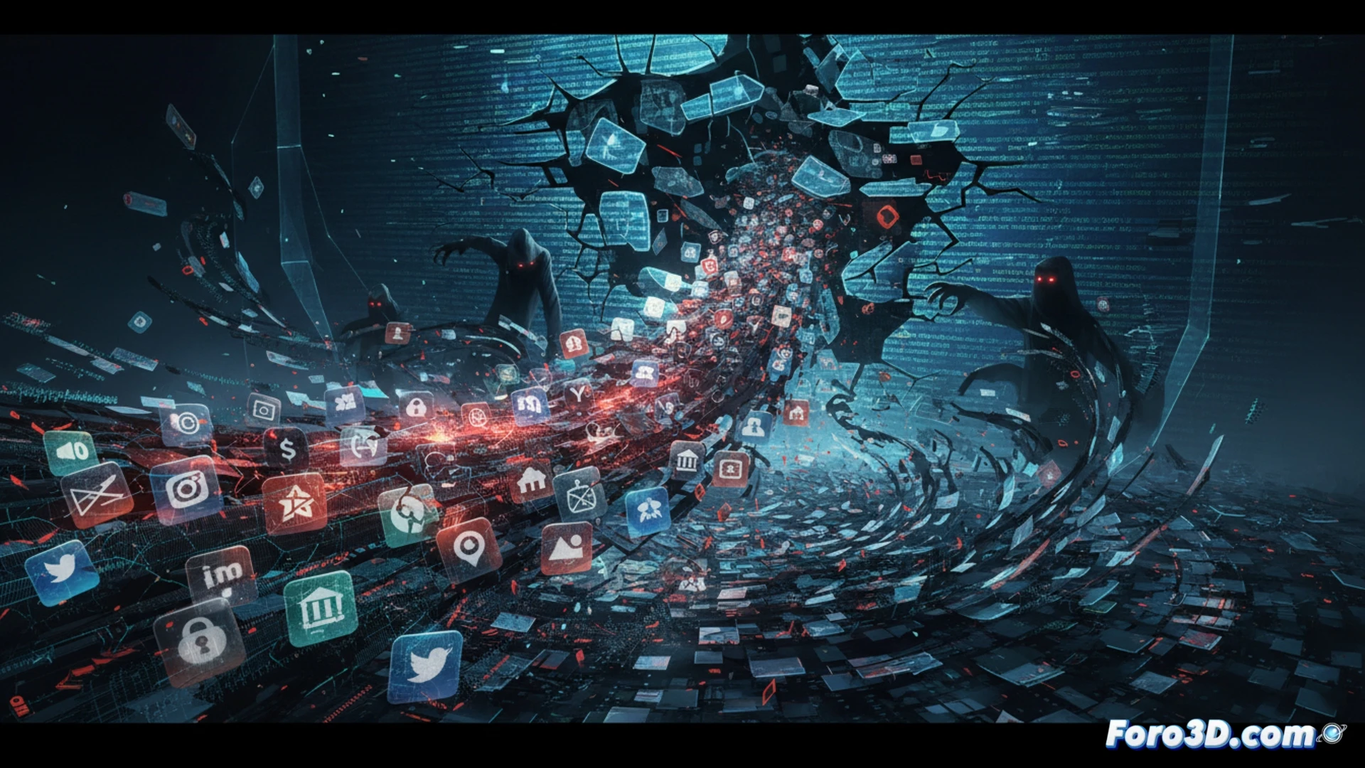 Smartphone screen showing fragmented app icons with visible code strings leaking from cracks, a glowing padlock splitting open while binary data streams escape into a dark digital void, magnifying glass hovering over vulnerable open-source platform architecture, cyber attack simulation in progress, cinematic technical illustration, neon red and blue warning lights reflecting on shattered glass surface, ultra-detailed circuit board patterns underneath, photorealistic security breach visualization, dramatic shadows with high contrast lighting, motion blur on escaping data particles