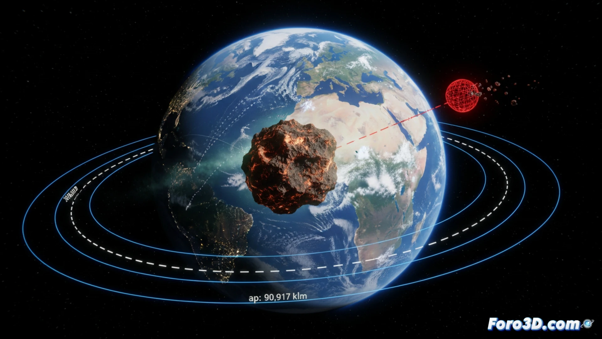 Simulación 3D del asteroide 2026JH2 rozando la Tierra a 90,917 km el 18 de mayo