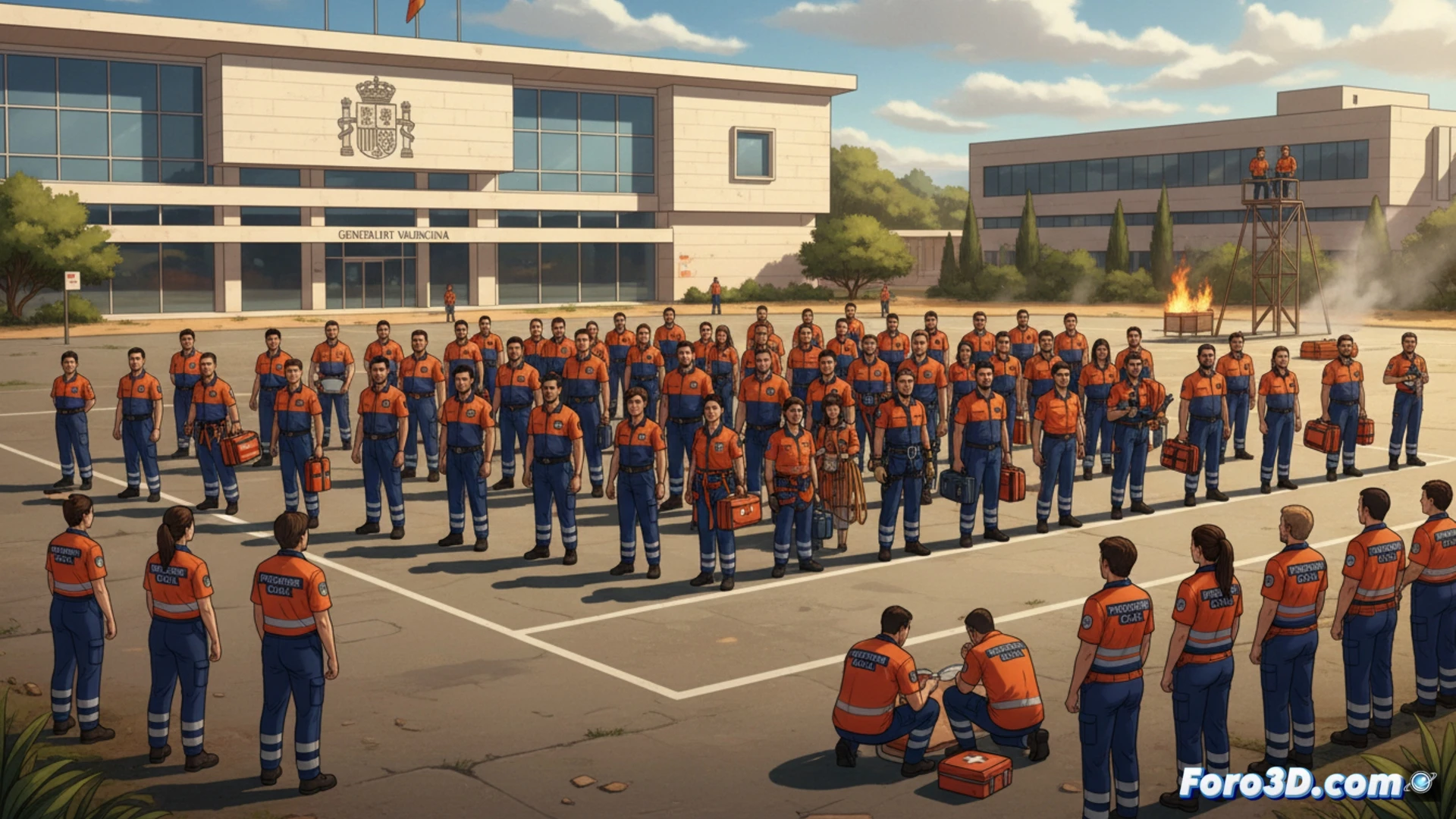 Group of 220 volunteers in matching orange high-visibility vests and helmets standing in a semi-circle during a live emergency drill, one volunteer demonstrating CPR on a training mannequin while another operates a fire extinguisher spraying white foam, a third volunteer using a portable radio for coordination, smoke machines creating haze in the background, fire truck and rescue equipment visible on a training field, dramatic overcast daylight, photorealistic cinematic composition, dynamic action poses, intense preparedness atmosphere, technical illustration style