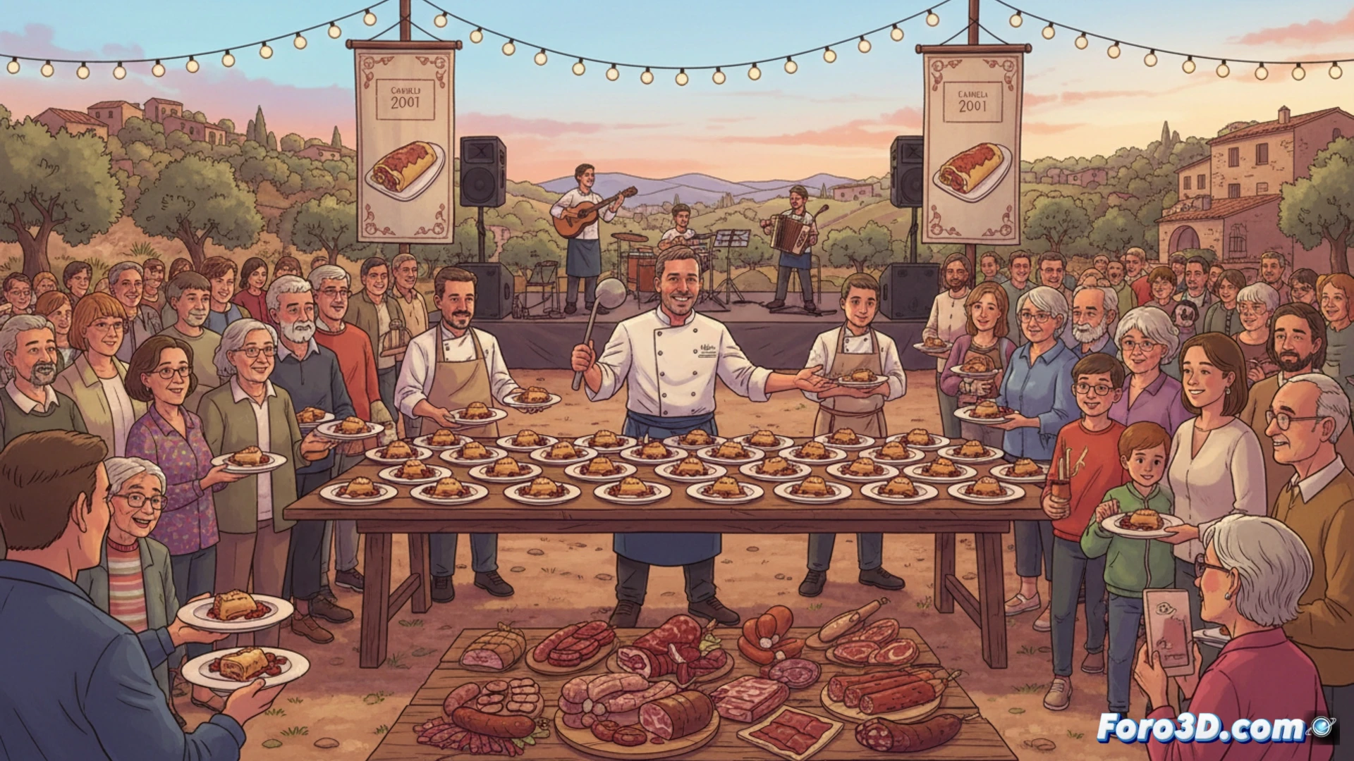 Chef Tomeu Caldentey sirve Caneló 2001 en sa Coma, con multitud festiva y música en vivo.