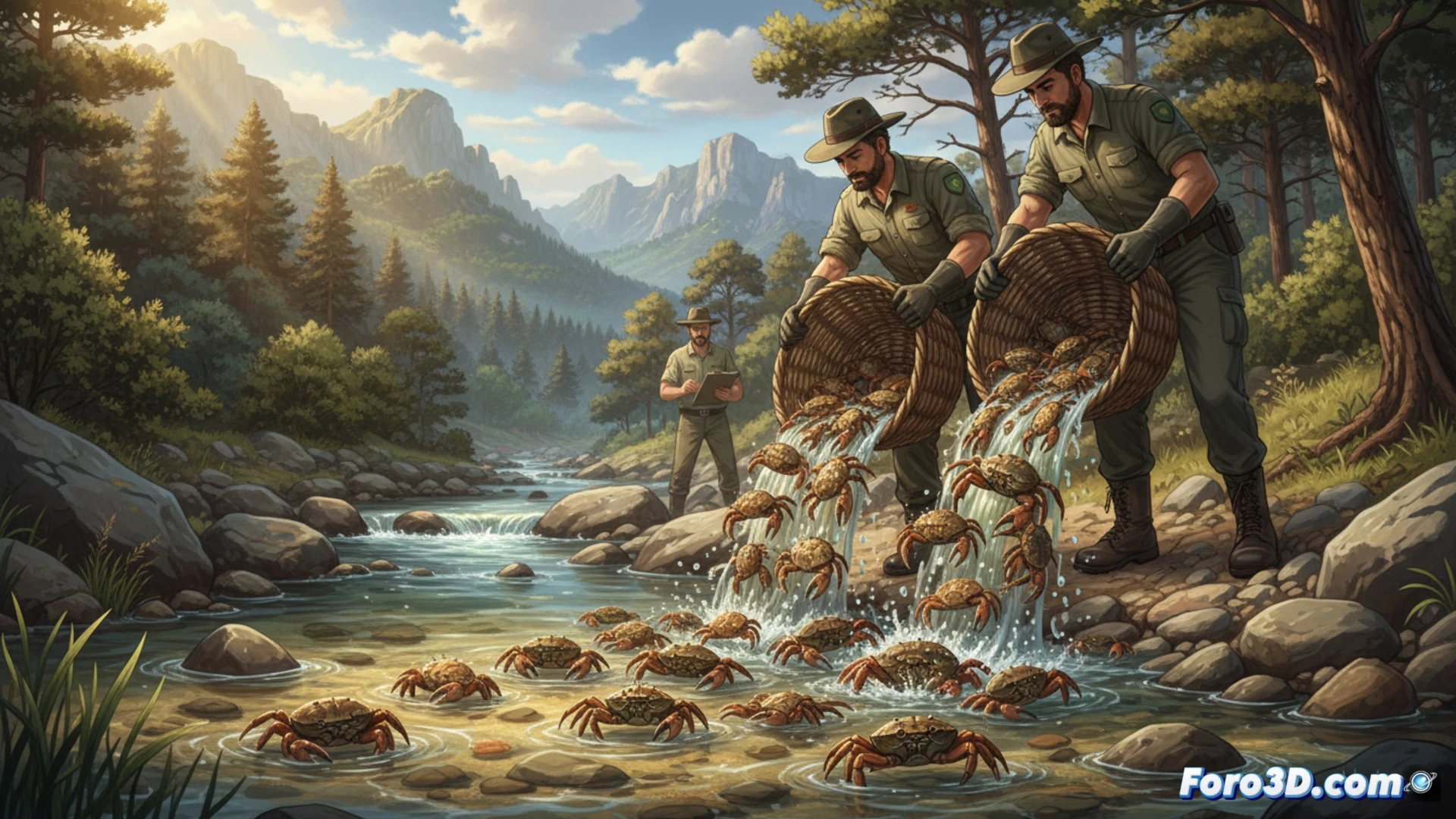 Underwater riverbed scene in Cazorla natural park, two thousand six hundred native Iberian crayfish being released from plastic transport containers by conservation technicians wearing waders, crayfish crawling over smooth stones and submerged roots, one crayfish showing early signs of fungal infection with white patches on its carapace, an invasive red swamp crayfish lurking in the background among rocks, clear mountain water with sunlight filtering through the surface, bubbles rising during the release process, photorealistic wildlife documentary style, macro detail on claws and antennae, natural riverine lighting with greenish-blue water tones, ultra-detailed exoskeleton textures, conservation action demonstrating species reintroduction
