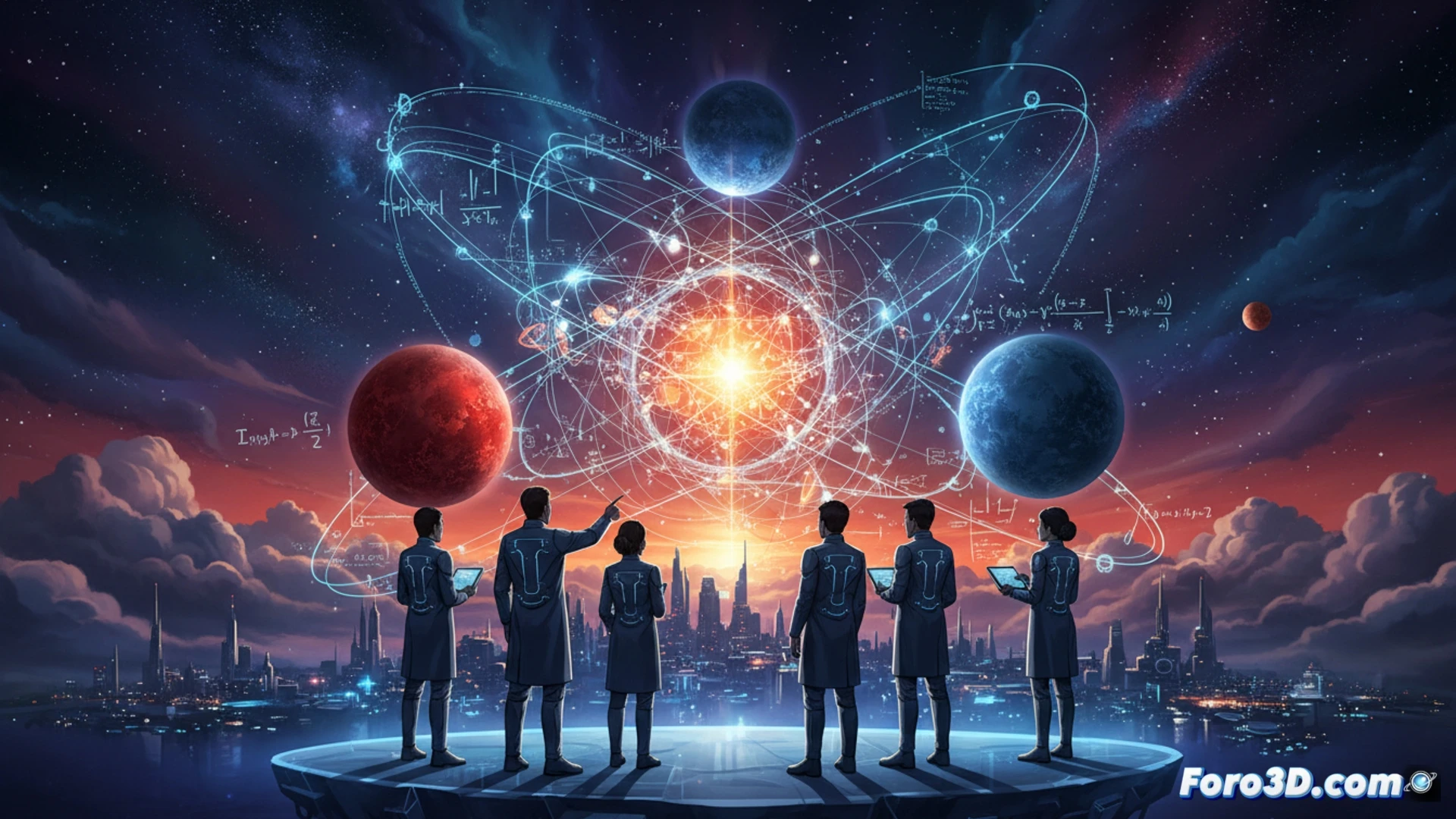 astronauta en simulador de realidad virtual analizando un modelo 3D de un sistema solar de tres soles, órbitas caóticas entrelazadas con líneas de fuerza gravitacionales brillantes, pantallas holográficas mostrando ecuaciones de mecánica celeste en tiempo real, manos manipulando datos astrofísicos complejos, cabina oscura con luces LED azules, estilo cinematográfico y fotorrealista, iluminación dramática de alto contraste, texturas metálicas detalladas, render técnico de ingeniería espacial