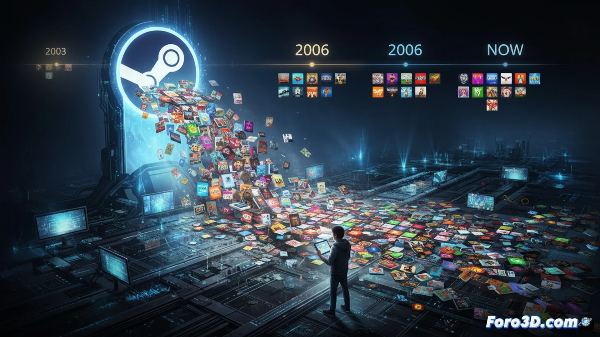 Un monstruo digital de Steam muestra una avalancha de lanzamientos, desde 70 juegos en 2006 hasta miles anuales, con un cartel de visibilidad oculta entre la multitud.