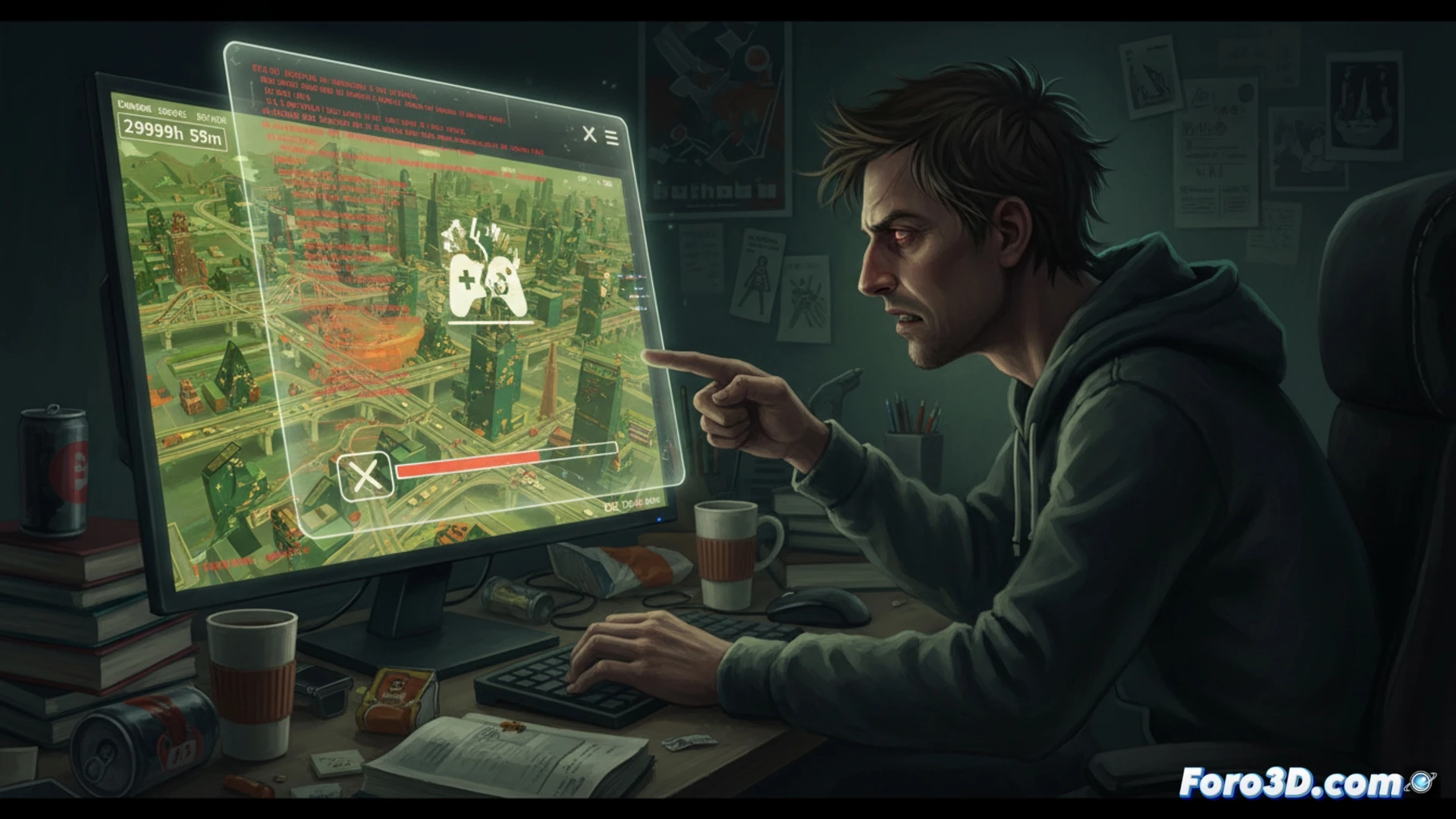 Un jugador frente a su PC muestra 30.000 horas en Cities: Skylines, con una reseña negativa y un paisaje urbano de colores pastel y edificios absurdos.
