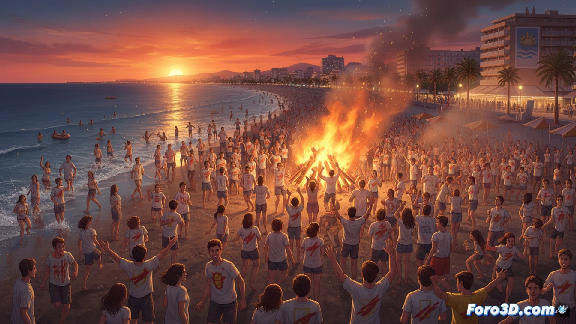 crowd of young students running toward Mediterranean beach at sunset, hundreds of backpacks and beach towels scattered on sand, digital thermometer on a lifeguard tower showing 40 grados Celsius, empty exam sheets and pens floating in shallow water, fireworks exploding in the sky above Salou apartment buildings, cinematic photorealistic style, golden hour lighting, motion blur from running figures, confetti and beach balls in mid-air, warm orange and blue color contrast, ultra-detailed facial expressions of joy, wide-angle lens perspective, technical vacation scene visualization