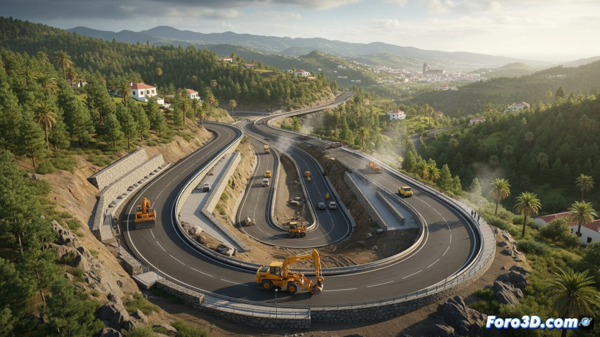 Mountain road curve correction process, excavator removing earth from a sharp bend on San José del Álamo route, asphalt paver laying fresh dark pavement on widened lane, workers in orange vests installing guardrails along the edge, yellow bulldozer smoothing gravel shoulder, steep hillside with terraced pine forest in background, safety cones marking the work zone, morning sun casting long shadows across the construction site, dust rising from heavy machinery, cinematic engineering visualization, photorealistic technical render, dramatic Canary Island landscape lighting