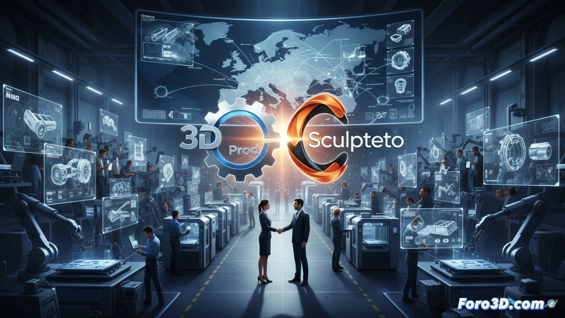 industrial production hall interior, two large robotic arms with orange grippers positioned above a row of 3D printers, printers actively building complex lattice metal parts, glowing blue build chambers, engineers in white coats monitoring a central holographic dashboard showing European map with production nodes, conveyor belt moving finished components toward quality control station, polished aluminum and carbon fiber parts on inspection table, bright overhead LED lighting casting sharp shadows, clean organized workspace, photorealistic technical visualization, cinematic depth of field, high contrast metallic surfaces