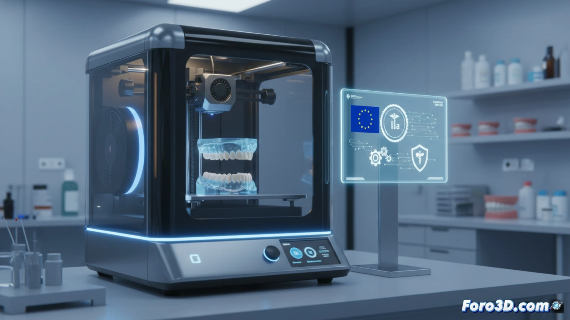 Imagen de una dentadura postiza completa impresa en 3D, sobre un fondo azul técnico, junto a un certificado europeo CE Clase IIa y un logotipo de 3D Systems.