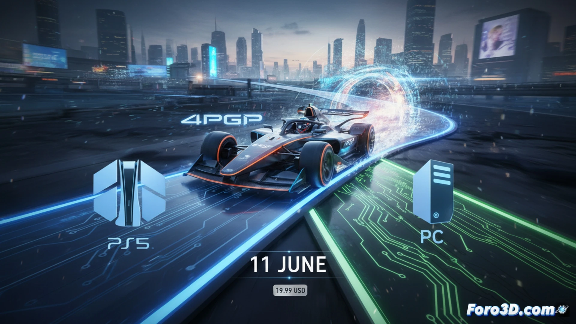 Un coche de carreras rojo acelera en una pista futurista bajo luces de neón, con el texto 4PGP y logos de PS5 y PC visibles.