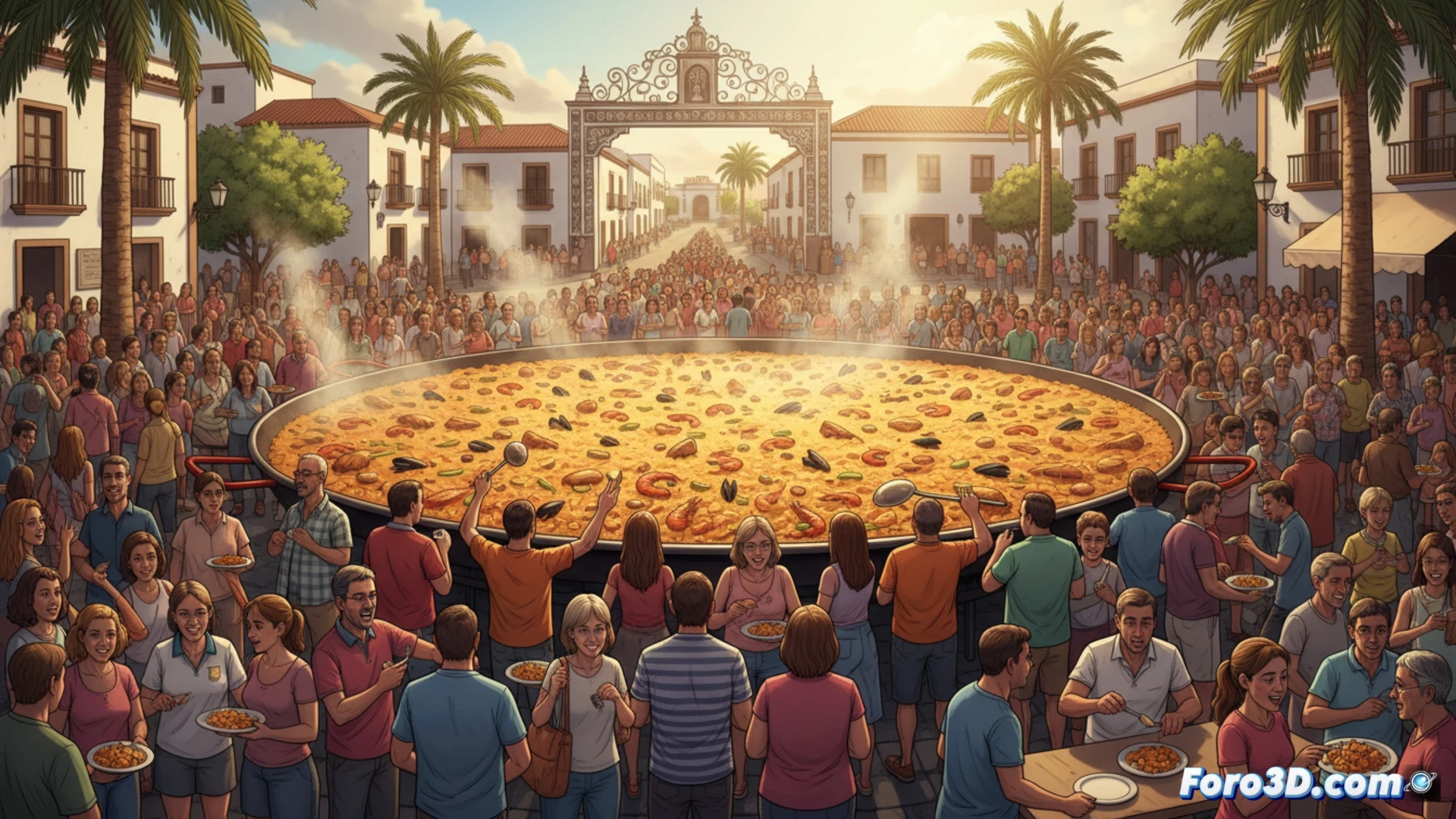 aerial view of a massive circular paella pan over 5 meters wide being stirred by three chefs using long wooden paddles, 5000 people gathered around in a sunlit square, steam rising from the golden rice mixed with seafood and chicken, paella pan resting on a metal gas burner ring with visible flames, colorful plastic plates and cutlery on nearby tables, festive crowd cheering with raised hands, cinematic photorealistic style, warm golden hour lighting, deep shadows from afternoon sun, realistic food textures with glistening grains, smoke drifting upward, ultra-detailed crowd faces and expressions, technical food event documentation
