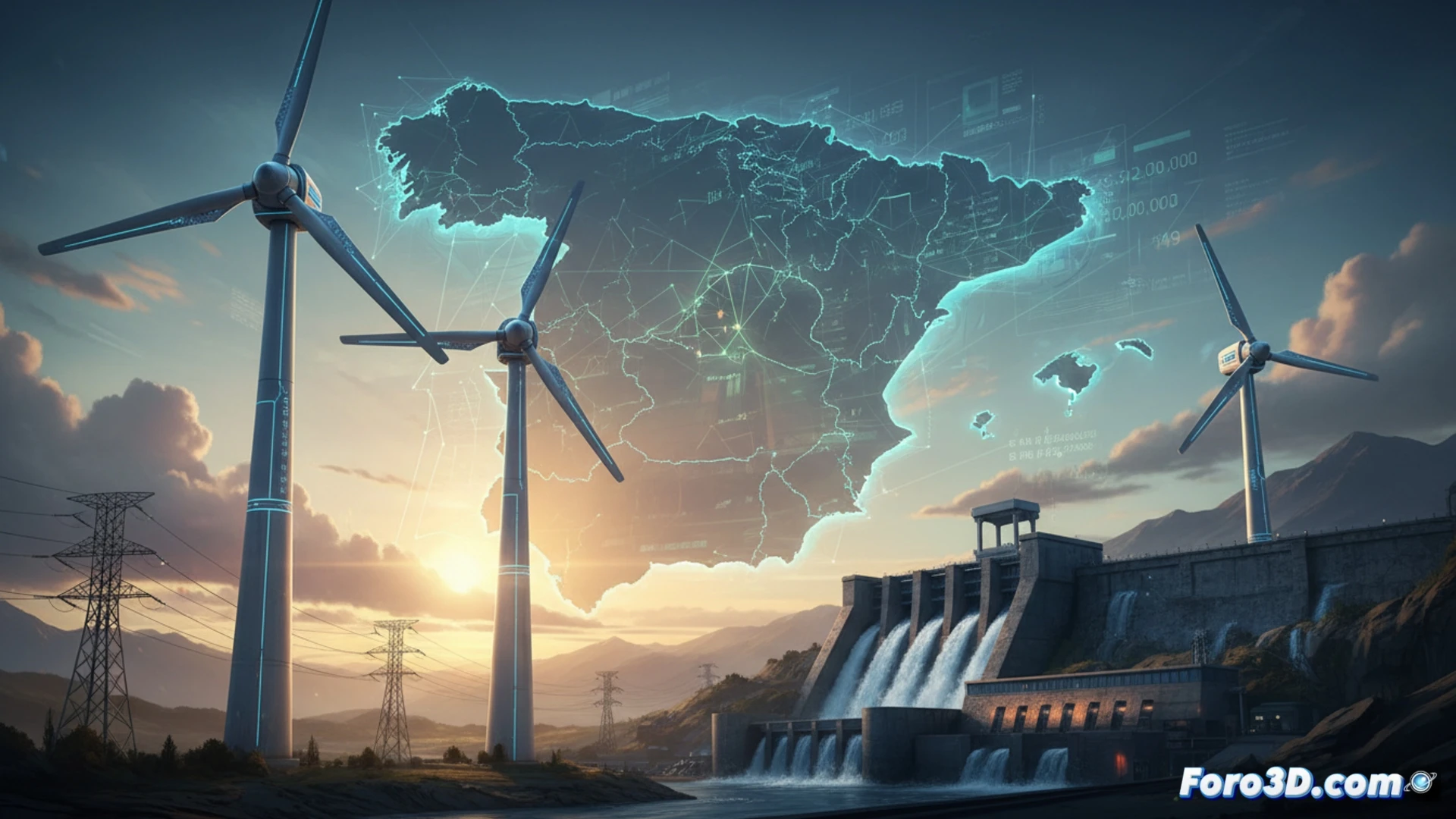 wind turbine blade being lifted by a crane during repowering process, engineers in safety vests inspecting turbine nacelle components on a hilltop, hydroelectric dam turbine rotor being refurbished with wrenches and torque tools visible, cables and control panels with digital voltage displays in foreground, cinematic engineering visualization, dramatic sunset lighting over Spanish countryside, photorealistic technical render, industrial machinery details, dust particles in air, green rolling hills, hyper-realistic metal textures