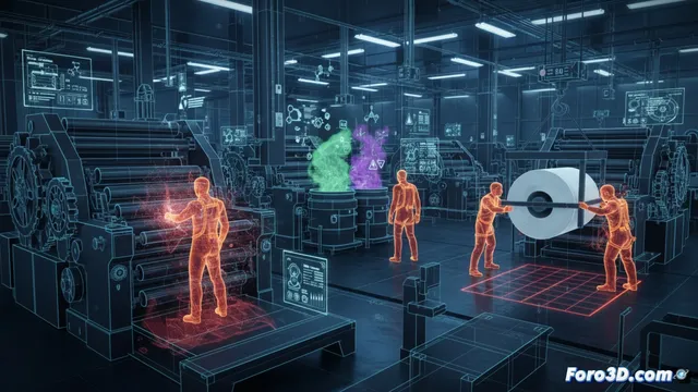 Simulación 3D de riesgos laborales en planta de impresión industrial