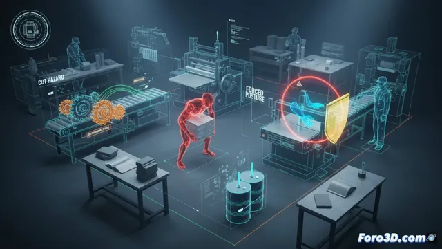 Simulación 3D de riesgos laborales en un taller de encuadernación
