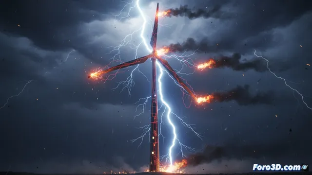 Simulación 3D del impacto de rayo en aerogenerador