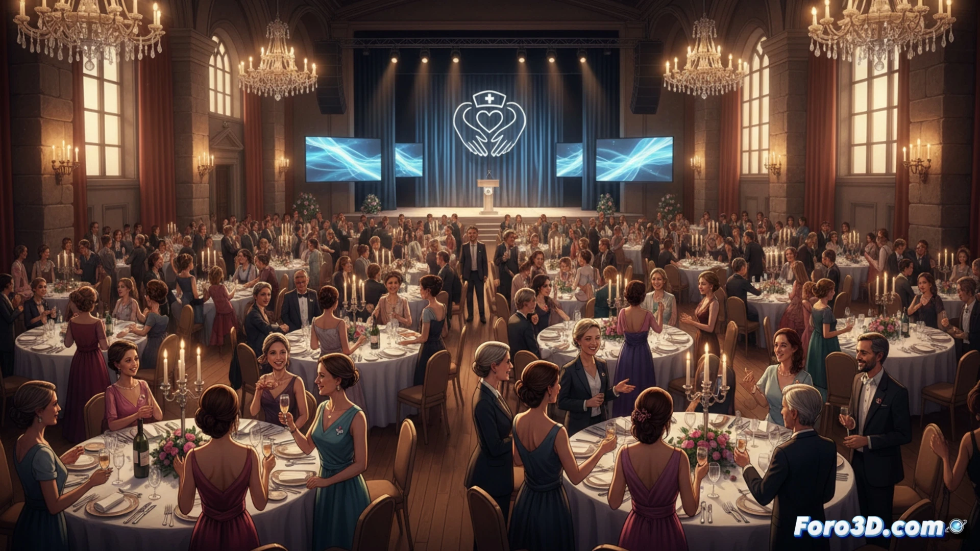 Photorealistic scene of a grand banquet hall filled with over 800 nurses in formal attire, standing and clapping during a recognition ceremony, stage with a medical caduceus symbol projected on screen, attendees holding small glowing tablets or smartphones documenting the moment, tables decorated with blue and white linens, champagne glasses raised in a toast, soft cinematic lighting from chandeliers, warm golden tones, high-angle wide shot capturing the crowd, technical medical conference atmosphere, detailed facial expressions of camaraderie, elegant evening gowns and suits, subtle medical equipment motifs on badges, ultra-realistic event photography style