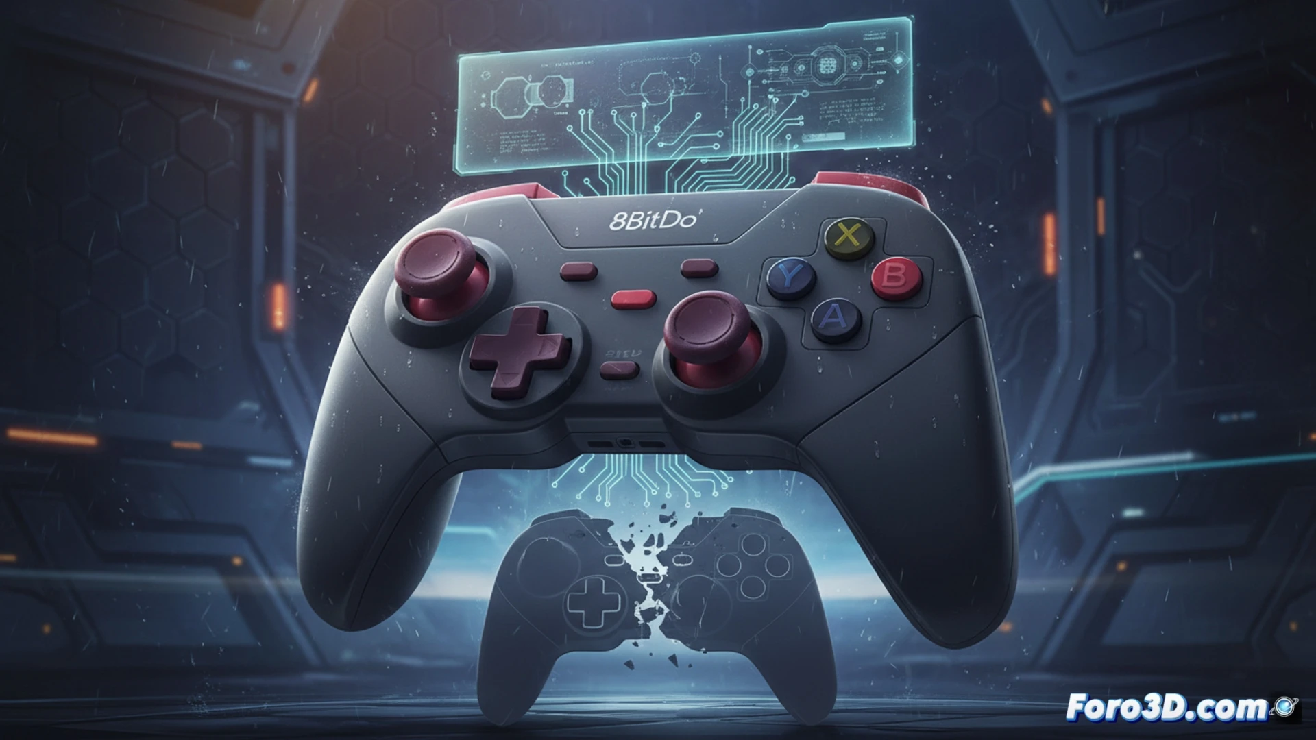 8BitDo Pro 3 mando económico sobre fondo oscuro, con detalles de diseño mejorados y plataformas múltiples.