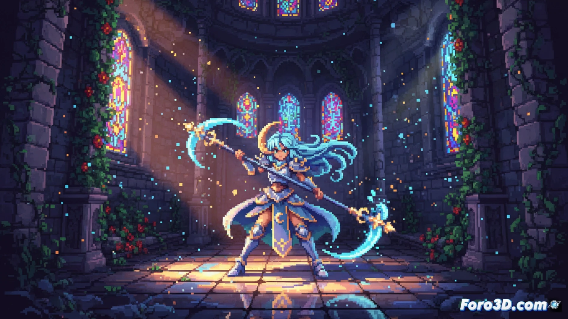 Pixel art de 9 Years of Shadows con vitrales y magia noventera, mundo oscuro recuperando color gradualmente