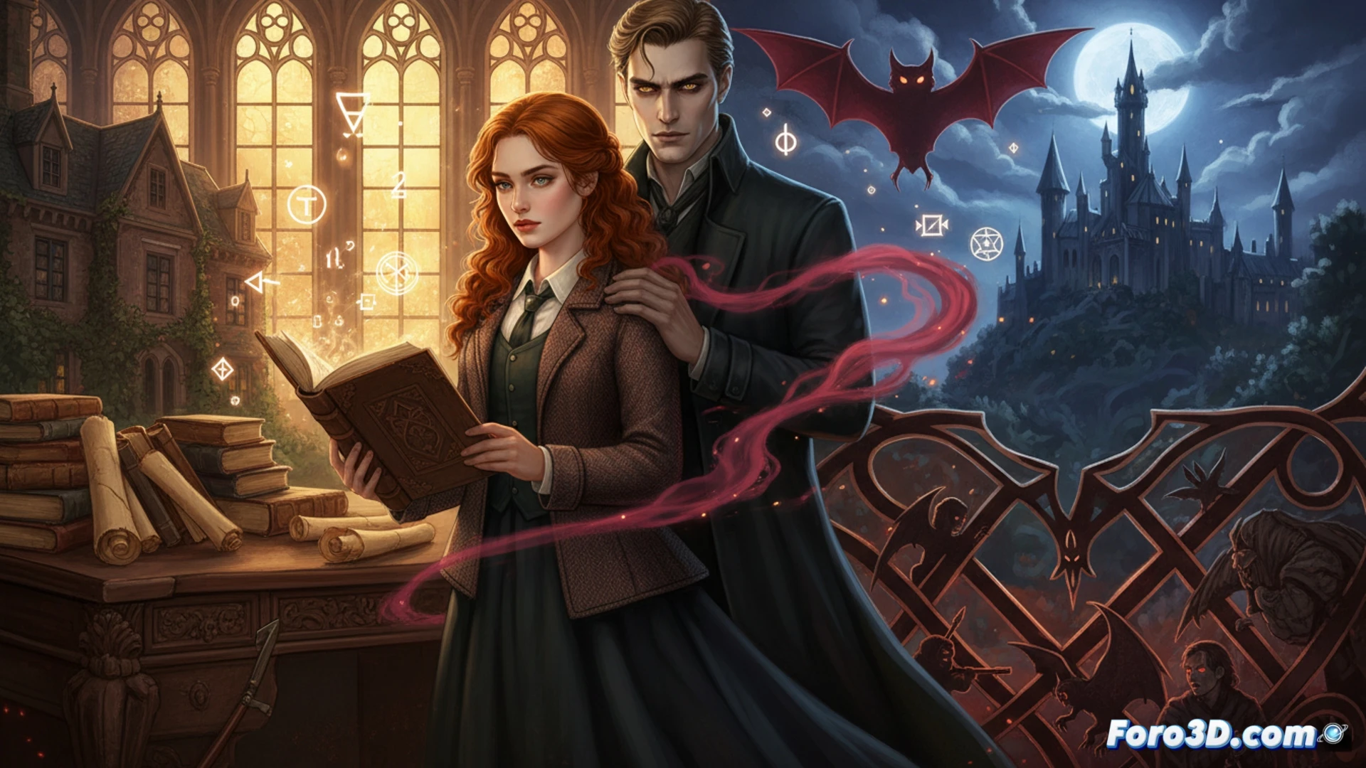 ancient stone library interior, a female historian witch in modern clothing holds a glowing manuscript while vampire figures in dark coats emerge from shadows, magical light particles swirl around the open book pages, demonic silhouettes move through towering bookshelves, cinematic fantasy visualization, dramatic chiaroscuro lighting, smoke rising from the manuscript, vampire fangs glinting, witch's hand casting blue magical energy, academic setting with brass lamps and leather-bound books, photorealistic supernatural scene