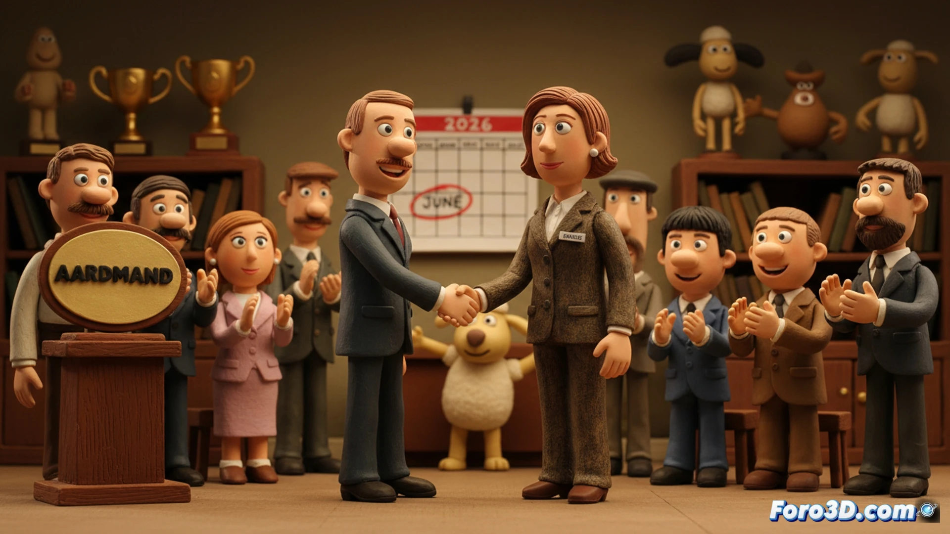 Aardman clay animation studio boardroom meeting, Caroline Norbury OBE holding a miniature Wallace figure while pointing at an employee ownership chart, David Pester beside her handing over a clay Gromit model, stop-motion armatures and sculpting tools on the table, shelves with character maquettes and 3D printers in background, cinematic architectural visualization, warm studio lighting with soft shadows, photorealistic corporate interior, detailed plasticine textures, professional business atmosphere, ultra-realistic render