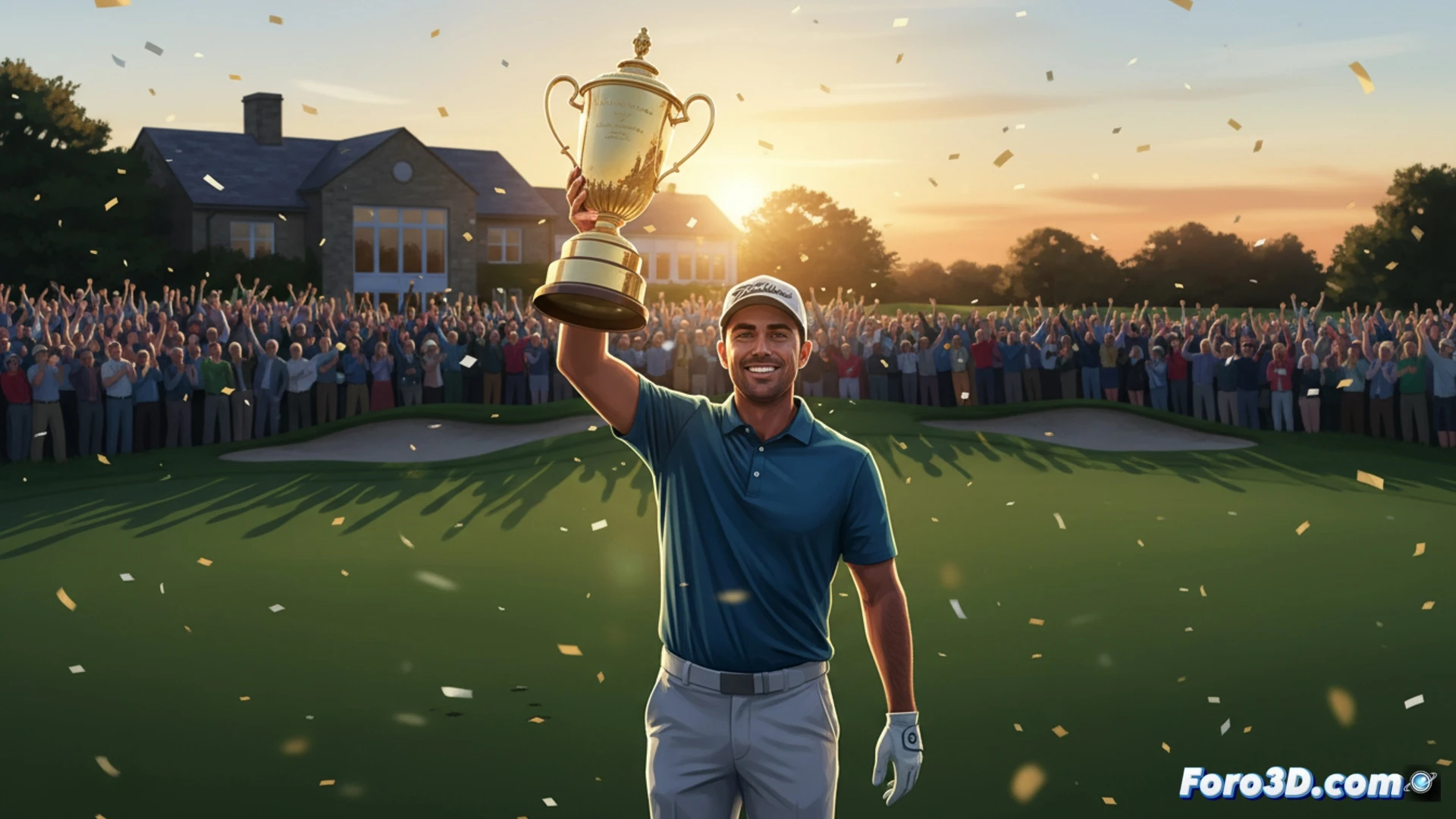 Aaron Rai ejecutando swing perfecto en el hoyo 18, bola elevándose hacia green iluminado por sol vespertino, bandera de Copa Wanamaker ondeando al fondo, multitud expectante en graderías, marcador electrónico mostrando números finales, césped impecable con textura detallada, búnker de arena estratégico en primer plano, palo de golf con desgaste profesional, cinematografía deportiva dramática, iluminación cálida de oro hora, profundidad de campo nítida, fotorealismo técnico de alta definición.