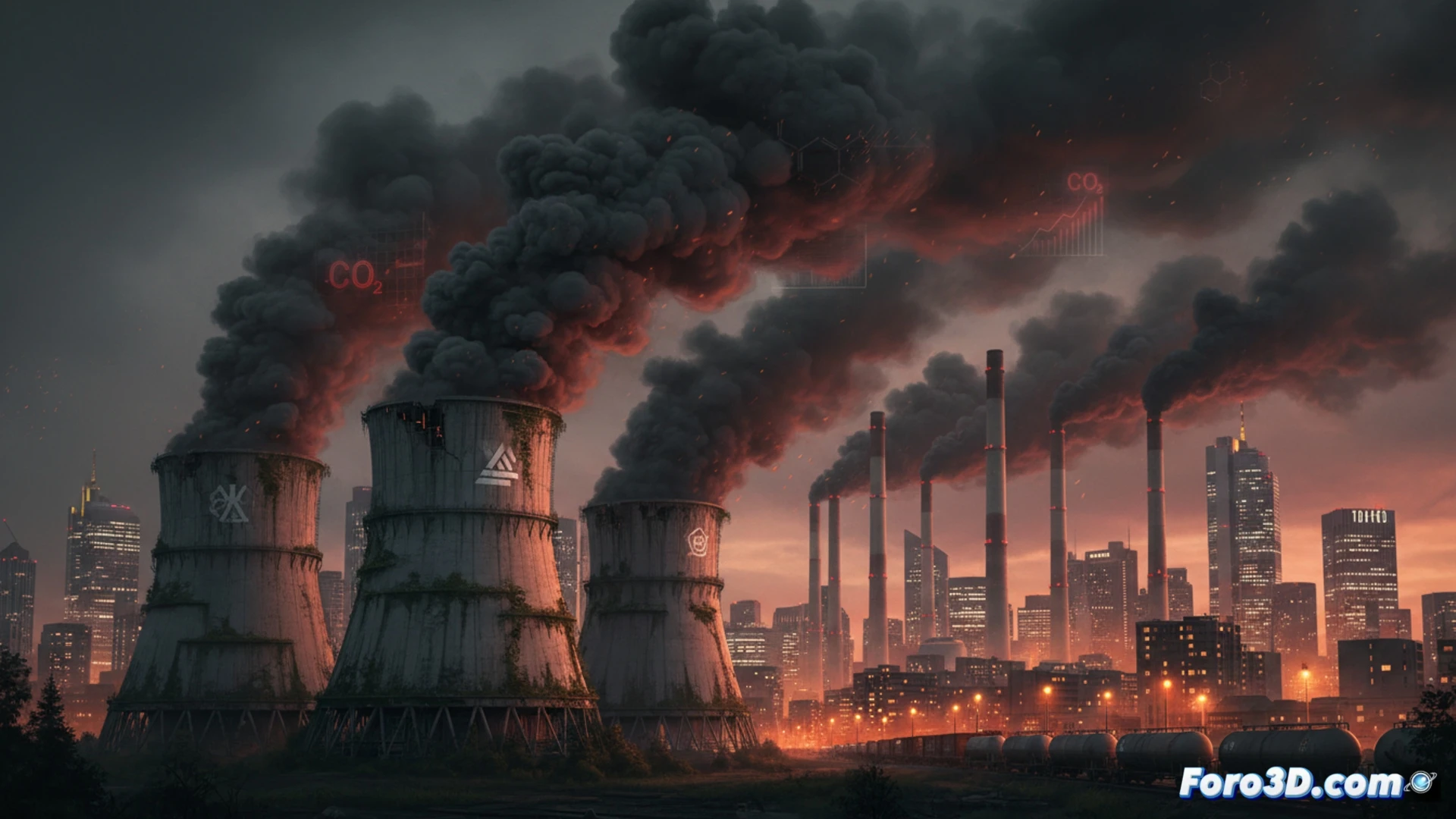 Tres chimeneas industriales emiten humo gris y negro sobre un paisaje urbano. Al fondo, una central nuclear inactiva y torres de enfriamiento silenciosas bajo un cielo contaminado.