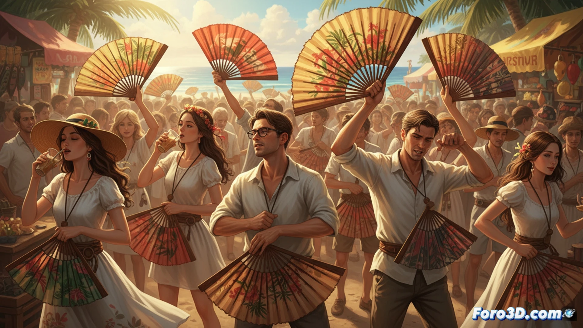 Photorealistic cinematic scene showing a crowded summer street at golden hour, people walking with folding fans hanging from neck straps, close-up action of a man clumsily opening a fan mid-swing, wooden fan ribs nearly hitting his own nose while another fan’s edge accidentally brushes a woman’s sunglasses, technical demonstration of improper fan mechanics, visible hinge tension and misaligned folding joints, sweat droplets on skin, soft focus background with blurred pedestrians, warm sunlight casting long shadows, hyper-detailed fabric textures, polished wood varillas, reflective metal rivets, dramatic contrast between skilled and clumsy fan handling, ultra-realistic product illustration