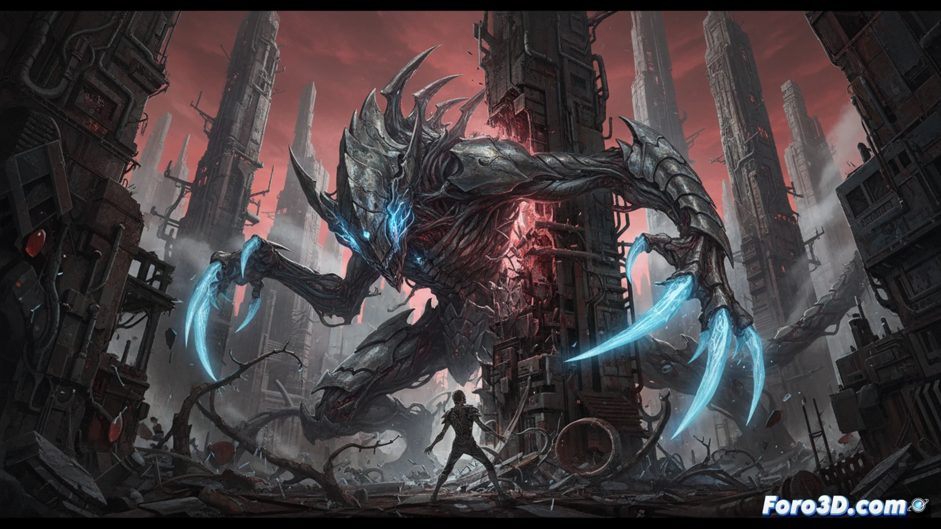 Ilustración digital de Abara, criatura Gauna negra de armadura ósea en ciudad colosal distópica