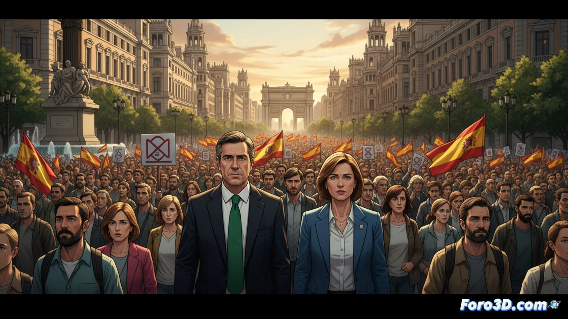 massive crowd of protesters filling Madrid street from Plaza de Colón towards Arco de Moncloa, Santiago Abascal and Alicia García walking side by side at the front of the march, holding a large Spanish flag together, thousands of people raising hands and banners behind them, morning sunlight casting long shadows on the pavement, police barriers lining the route, photorealistic cinematic wide-angle shot, dramatic atmospheric perspective, high detail on clothing textures and facial expressions, intense political demonstration atmosphere, ultra-realistic crowd simulation, golden hour lighting enhancing the scene