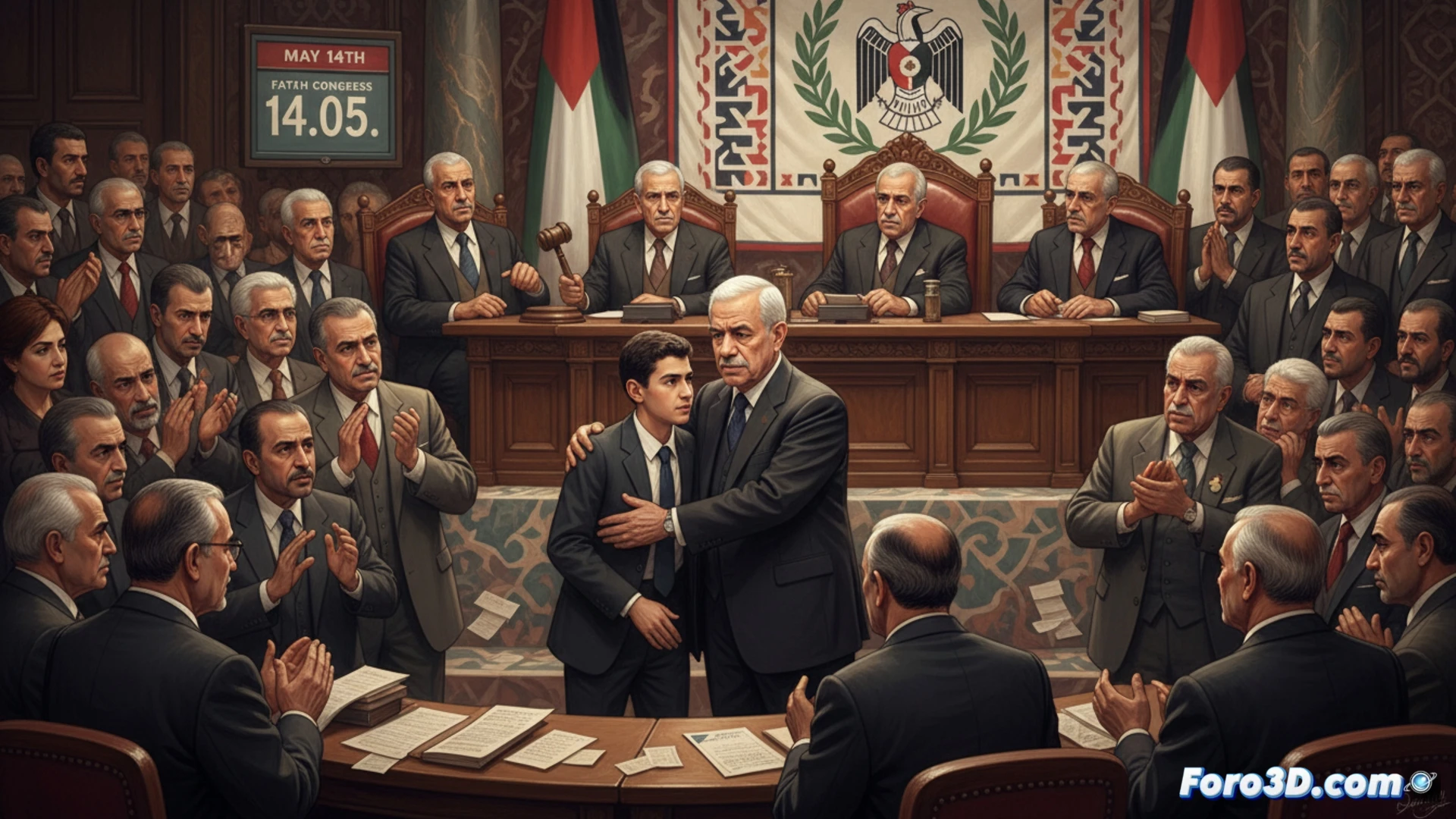 Un anciano Mahmoud Abbas sonríe mientras coloca una mano en el hombro de su hijo Yasser, con banderas de Fatah al fondo y delegados debatiendo entre sombras.