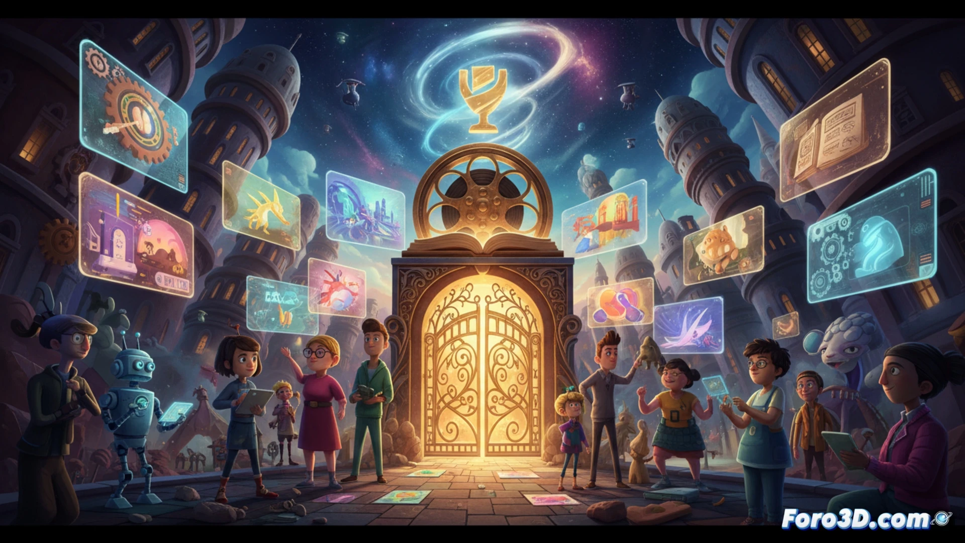 Estudiante de animación frente a pantalla con su corto en curso, lápiz y tableta gráfica, bajo un cartel que dice 'SAS 2026'.