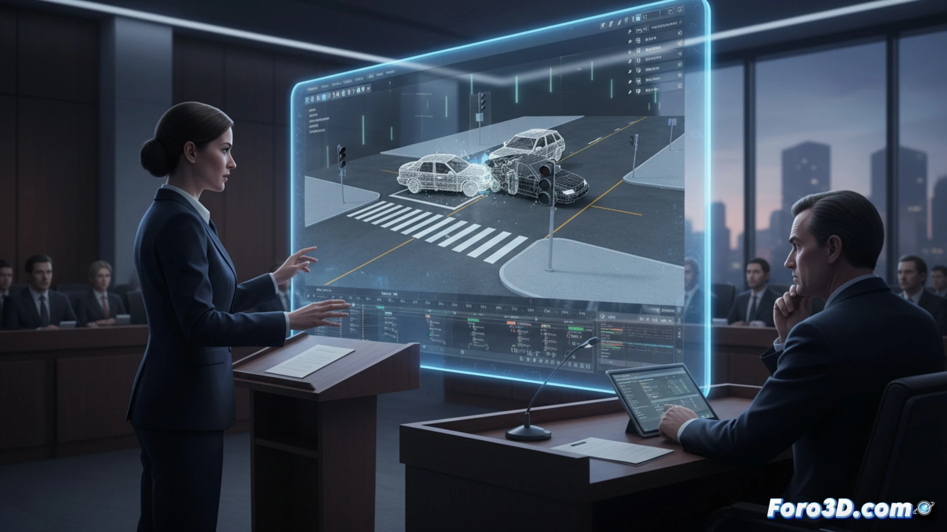 Descripción detallada (80-120 caracteres):  
Un juzgado moderno con un abogado señalando una proyección 3D de un accidente vial, mientras el juez observa la simulación virtual con precisión milimétrica.
