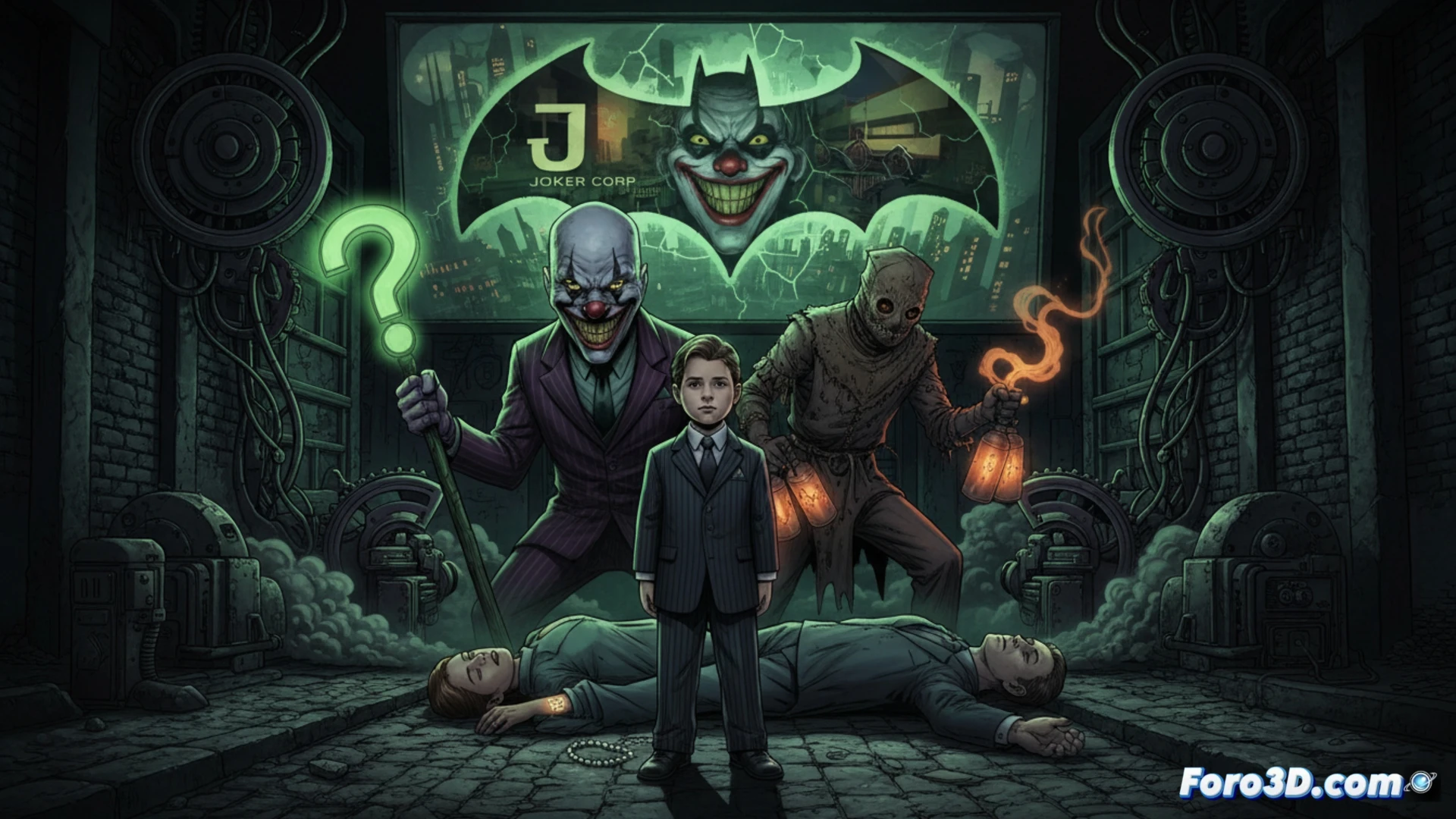 cinematic wide shot of a corporate boardroom transformed into a psychological trap, Bruce Wayne kneeling in shock while a holographic timeline displays his mother's assassination order by the Court of Owls, Joker in a tailored black suit standing behind a transparent glass desk covered in blueprints of the Batcave and Wayne Manor, Scarecrow holding a gas canister emitting swirling fear toxin around Bruce, dark metallic surfaces reflecting neon green and purple light, ultra-detailed corporate architecture, photorealistic technical illustration, dramatic chiaroscuro lighting, documents and circuit boards scattered on the floor, intense emotional action scene.