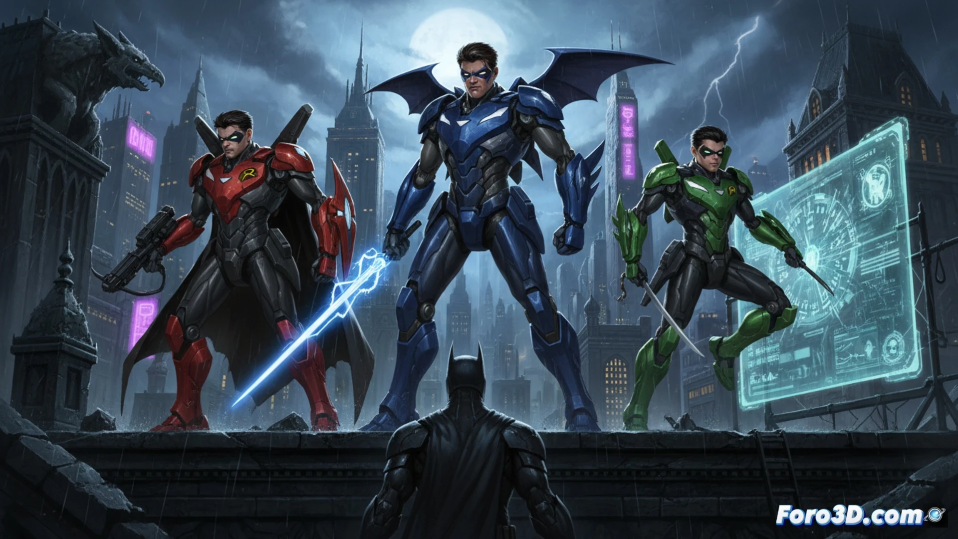 Batman y los Robins en mechas rojos y negros avanzan entre escombros, secretos al descubierto.
