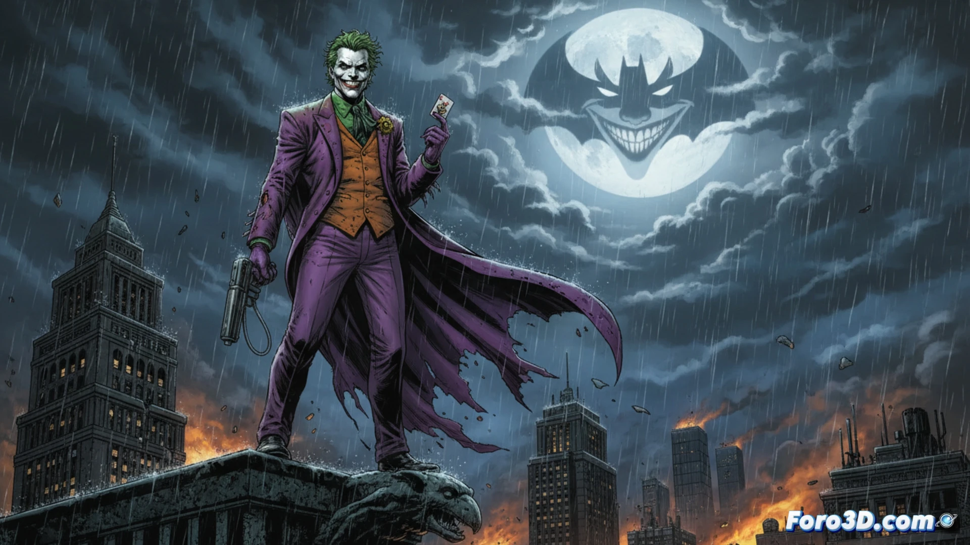 batman silhouette transforming into joker-like figure inside a fractured mirror, broken bat-symbol embedded in concrete floor, gas canisters labeled with fear toxin symbols leaking green vapor, scattered police evidence markers around a fallen commissioner badge, cinematic comic book style, dark gothic lighting, dramatic shadows, motion blur on swirling gas, photorealistic character render, gritty texture on leather suit, cracked mirror fragments reflecting distorted cityscape, ultra-detailed environmental decay