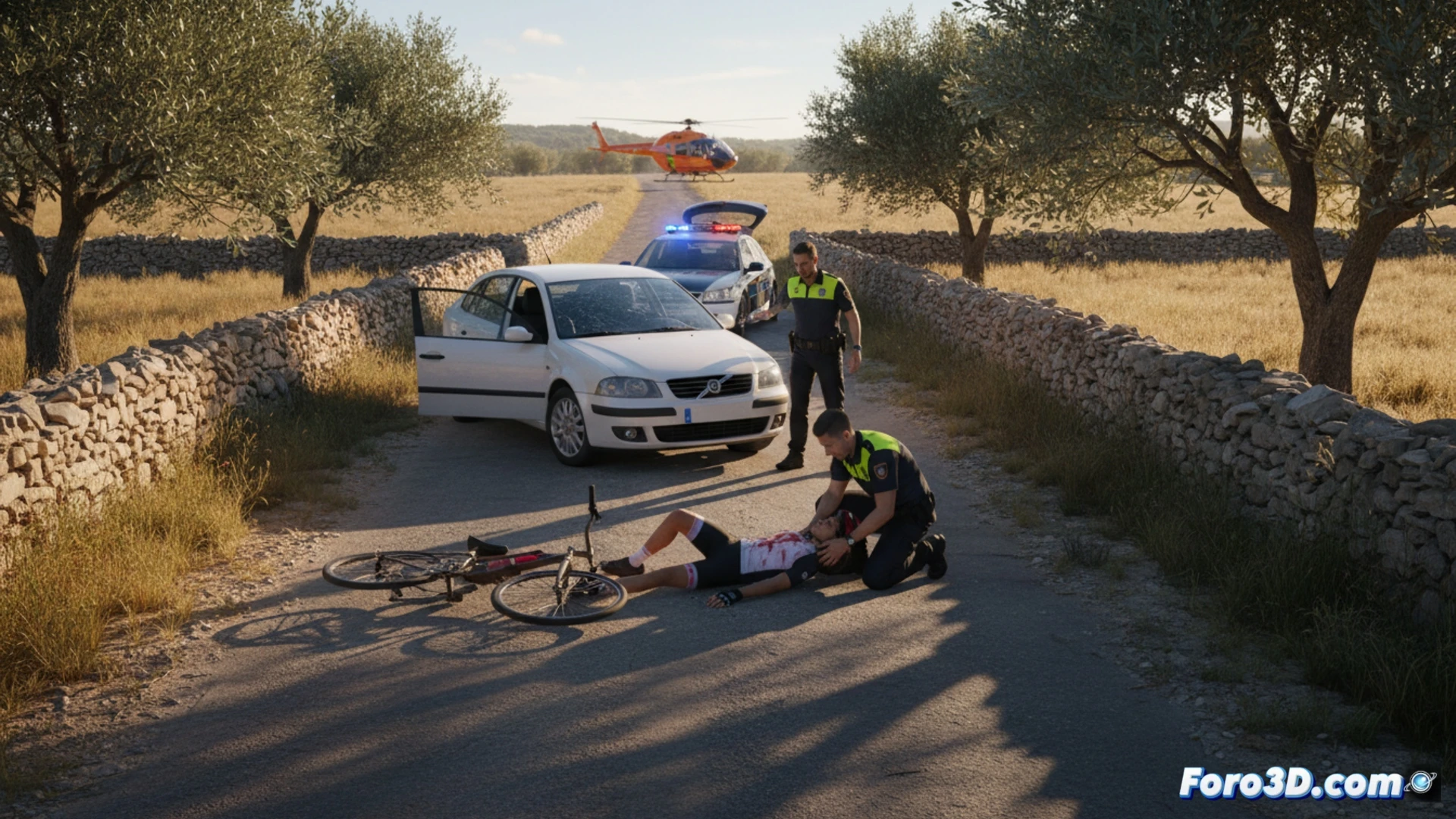 Un adolescente con casco caído al suelo junto a su bicicleta, cerca de un coche detenido en un cruce rural, bajo el sol del mediodía.