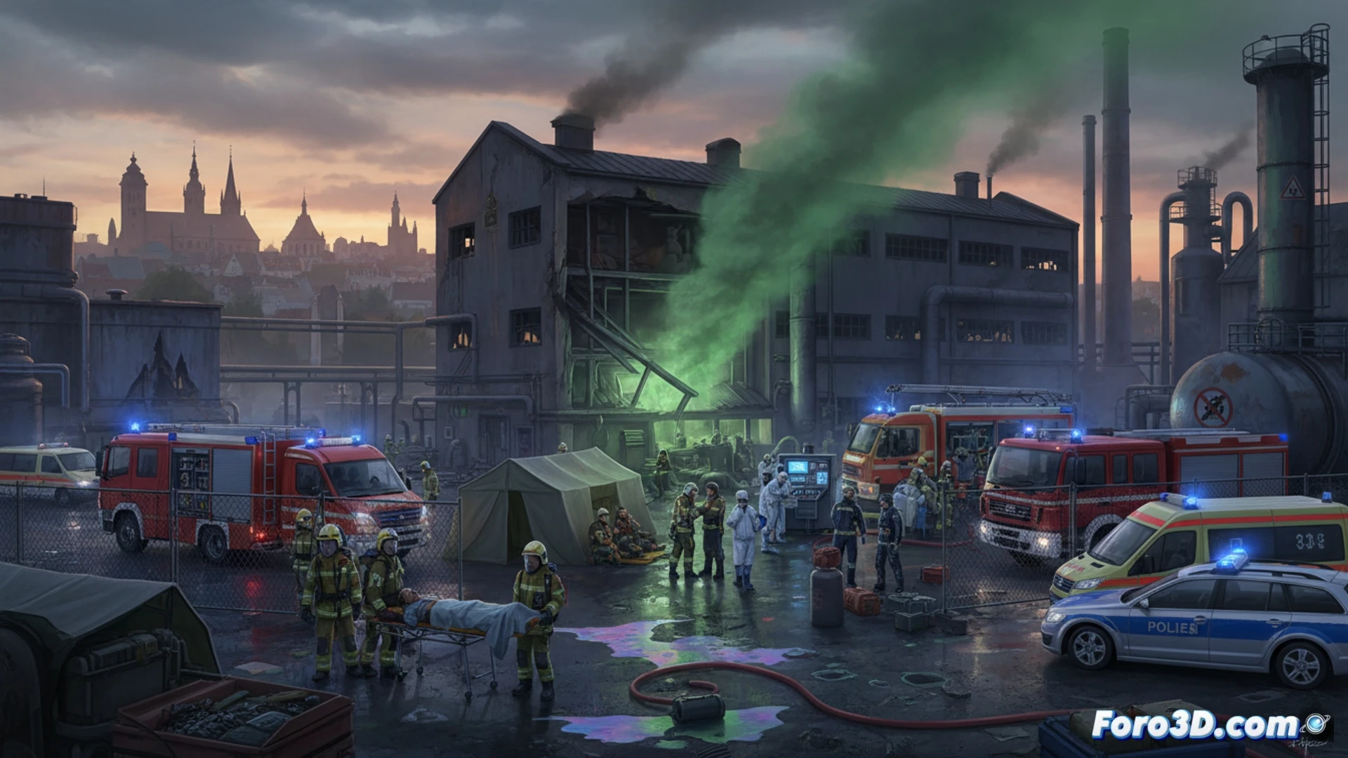Chemical spill scene inside an industrial building in Nuremberg, firefighters in hazmat suits containing a leaking drum, green toxic vapor rising near a collapsed worker, red cross paramedics attending to multiple injured on stretchers, technical equipment like gas detectors and ventilation fans in action, industrial pipes and storage tanks in background, emergency lights casting yellow and blue shadows, photorealistic cinematic visualization, high detail on protective gear and chemical labels, dark atmosphere with smoke and warning signs, realistic textures of concrete floor and metal surfaces