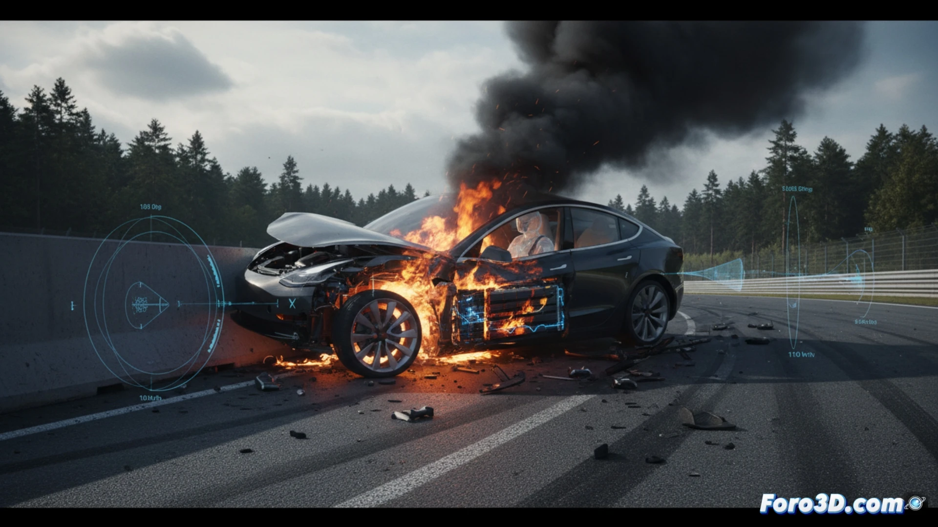 Reconstrucción 3D del accidente Tesla Model 3 en Nürburgring con incendio de batería de litio