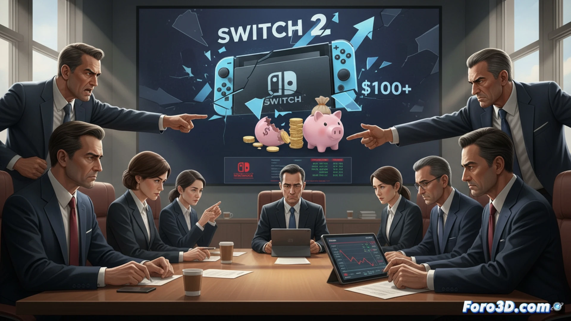 Accionistas furiosos señalan una consola Switch 2 con etiqueta de precio rota, mientras gráficos en rojo muestran caída de acciones.