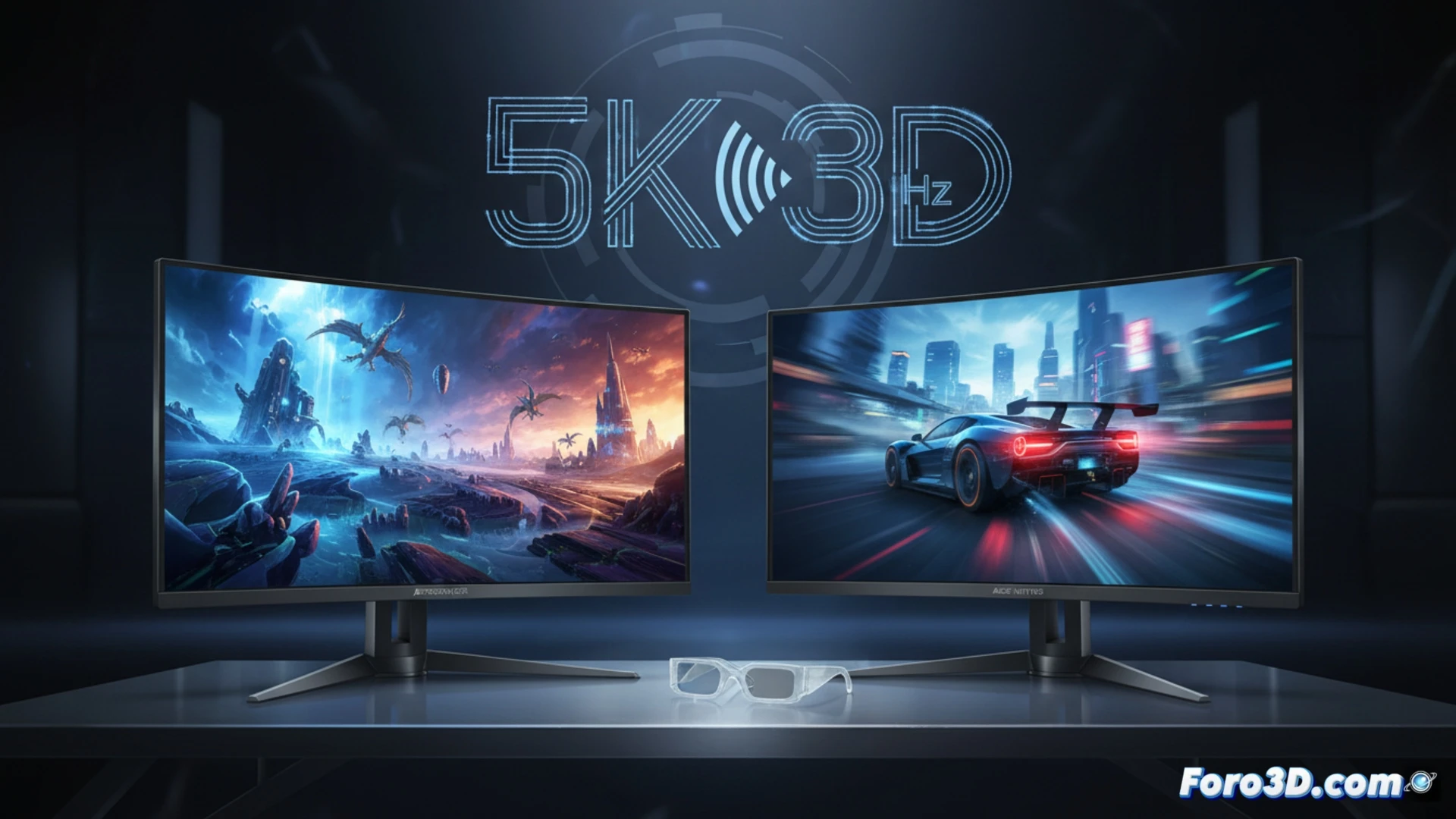 Ultra-wide gaming monitor displaying a 5K resolution scene with a futuristic cityscape, no ghosting effect visible during a high-speed car chase, 3D holographic depth effect emerging from the screen without glasses, 1000 Hz refresh rate indicator shown as a smooth motion trail behind a fast-moving drone, a gamer’s hand adjusting a Predator keyboard with RGB backlighting, Nitro logo on the monitor bezel, cinematic photorealistic technical illustration, dynamic action with glowing particle trails, sharp reflections on the curved screen, dark ambient lighting with blue and red neon accents, engineering visualization style