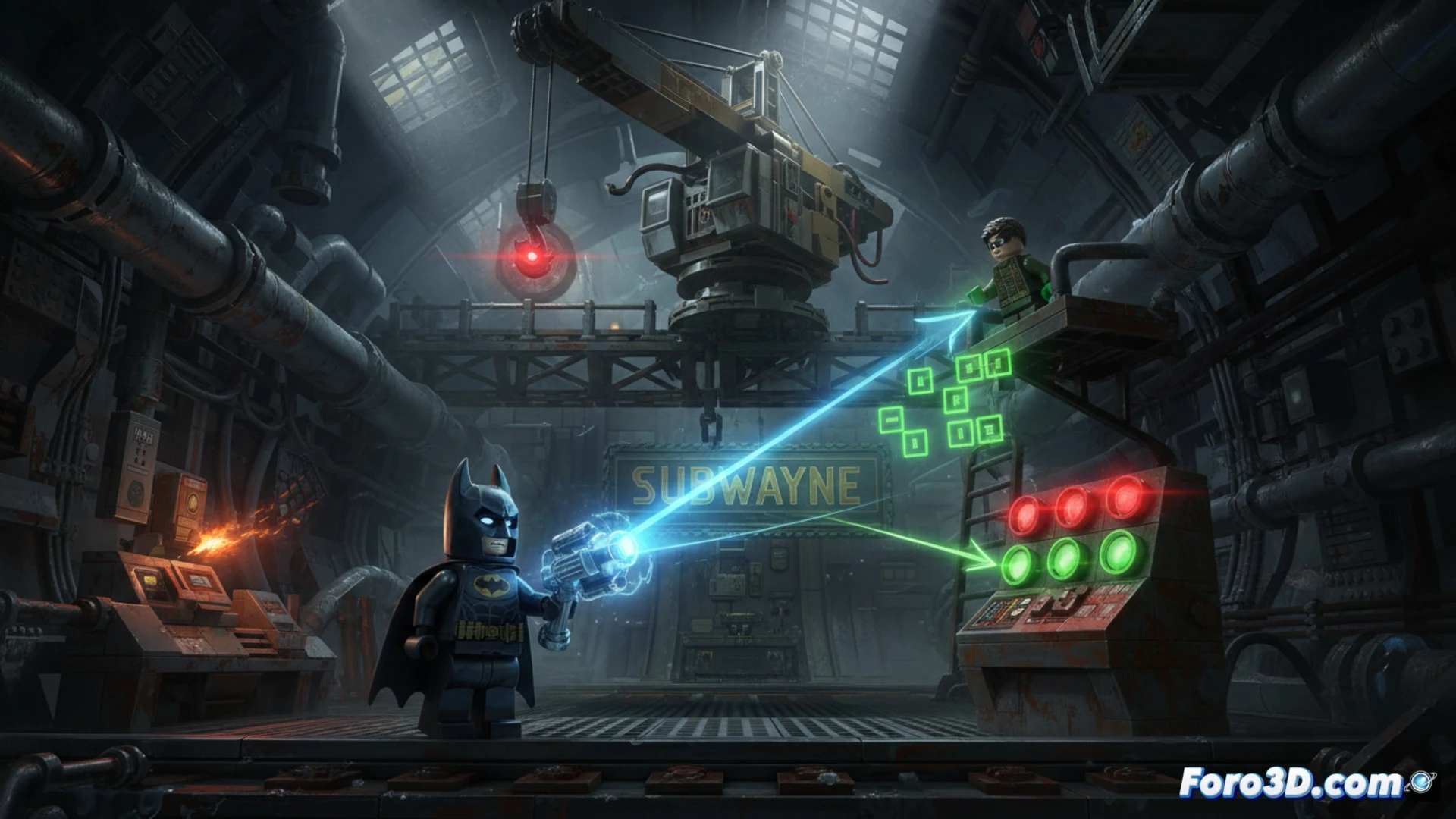 LEGO Batman SubWayne station interior, player character using detective vision to scan a control panel, green glowing wires connecting to a crane mechanism, red lights transitioning to green along a rail track, brick-built industrial pillars, holographic data overlays highlighting interactive elements, player pressing buttons while crane arm lowers, cinematic game screenshot style, dramatic shadows from overhead neon lights, photorealistic LEGO textures, particle effects showing energy restoration, action process of solving the puzzle, detailed structural components, high-contrast lighting emphasizing the puzzle solution