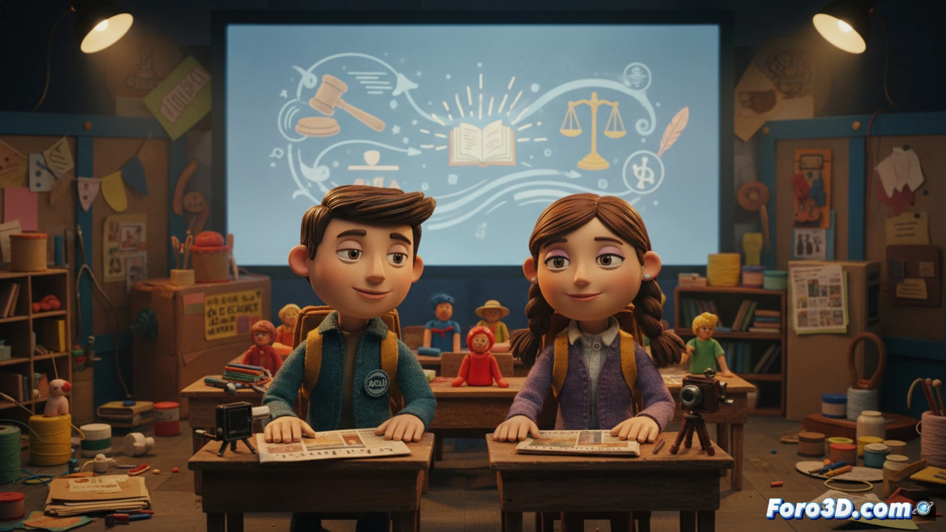 Descripción para imagen: Un fotograma en stop-motion muestra a Aaron y Lisa sonriendo junto al Liberty Gazette, con lápices y un pupitre escolar, en colores vivos y estilo didáctico.
