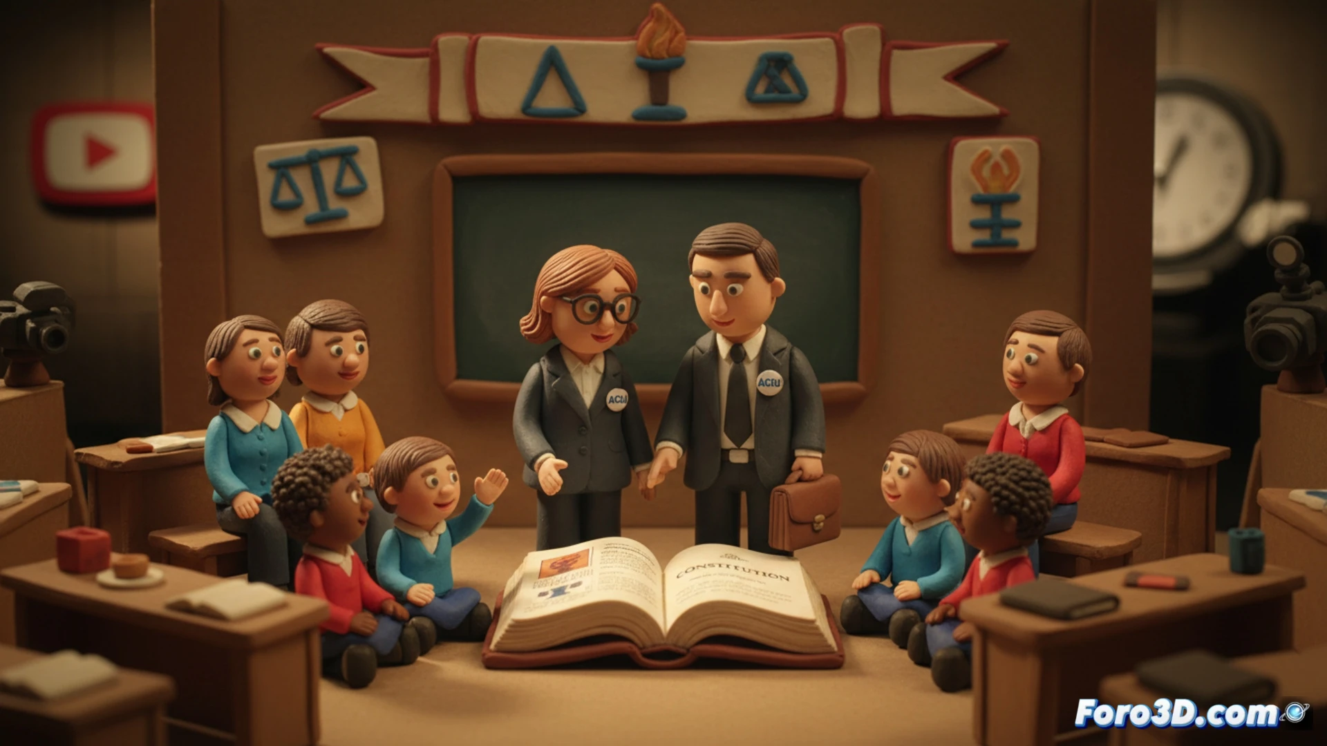 Un abogado de plastilina señala una pizarra colorida mientras muñecos niños observan en un aula animada estilo stop-motion.