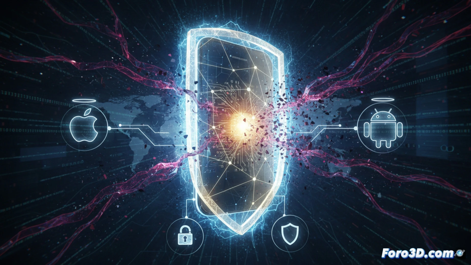 smartphone being penetrated by invisible electromagnetic waves while a shield icon activates on screen, glowing zero-click exploit code fragments dissolving mid-air before reaching the device, lock symbol pulsing with blue energy, technical illustration style, cutaway view of mobile hardware showing processor and antenna layers, shield barrier forming around the phone, dark background with neon cyan and magenta highlights, cinematic lighting, photorealistic digital art, high contrast, ultra-detailed circuit board textures, dramatic particle effects
