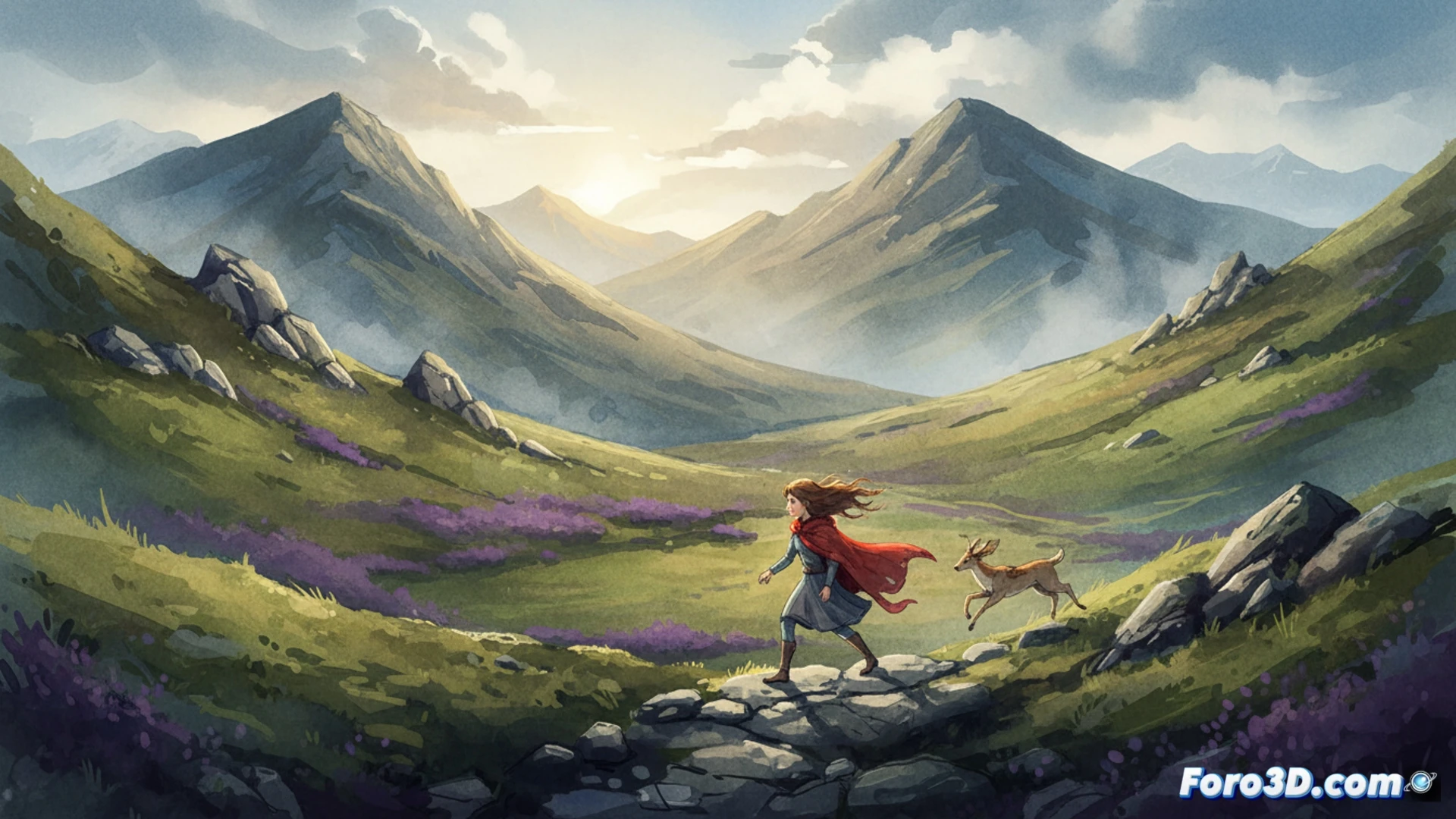 Captura de A Highland Song con personaje 2D en paisaje 2.5D de acuarela escocesa