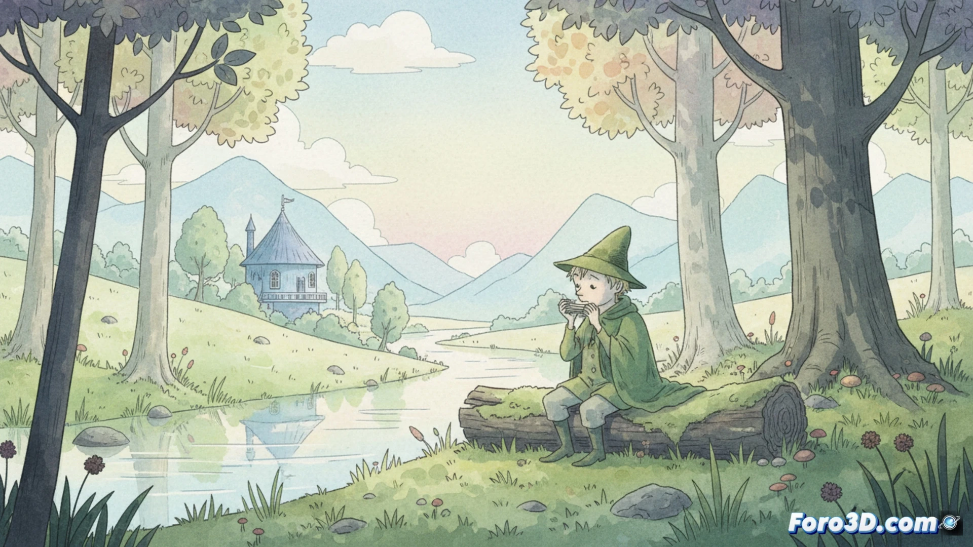 Captura del juego Snufkin mostrando un bosque con acuarelas pastel y capas de profundidad en Unity