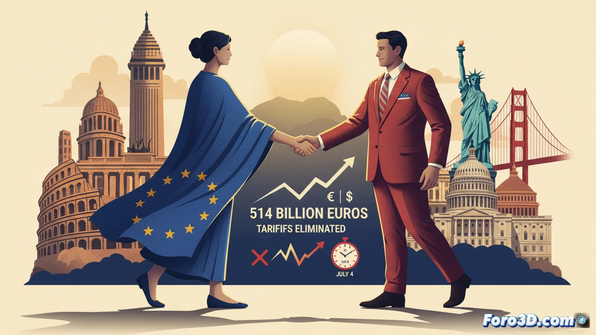 European Union and United States negotiators shaking hands over a digital holographic globe, massive LED financial ticker showing 514 billion euros investment figure in green, customs tariff documents being physically torn apart by robotic arms, futuristic trade agreement tablet with glowing EU and US flags, photorealistic cinematic visualization, dramatic blue and gold lighting, ultra-detailed conference room with holographic data streams, polished glass table reflecting digital trade routes, high-end technical illustration style
